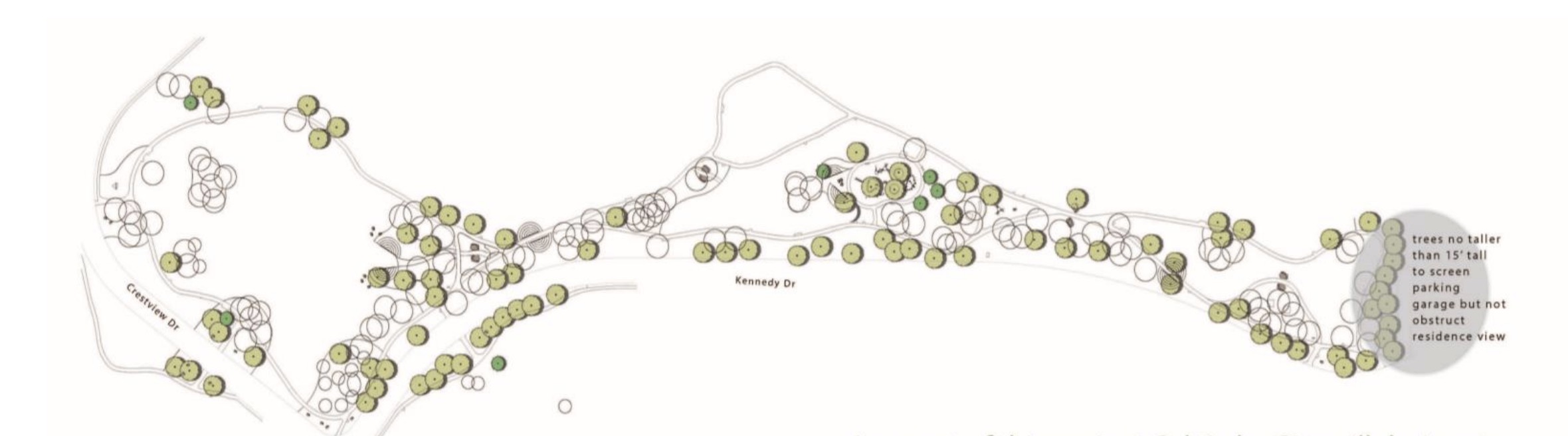 A rendering of a memorial tree grove planned for Donner Trail Park.