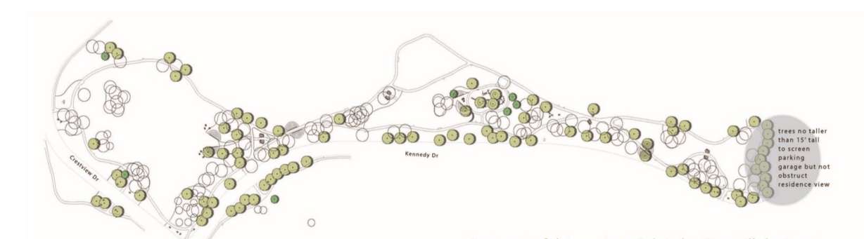 A rendering of a memorial tree grove planned for Donner Trail Park.