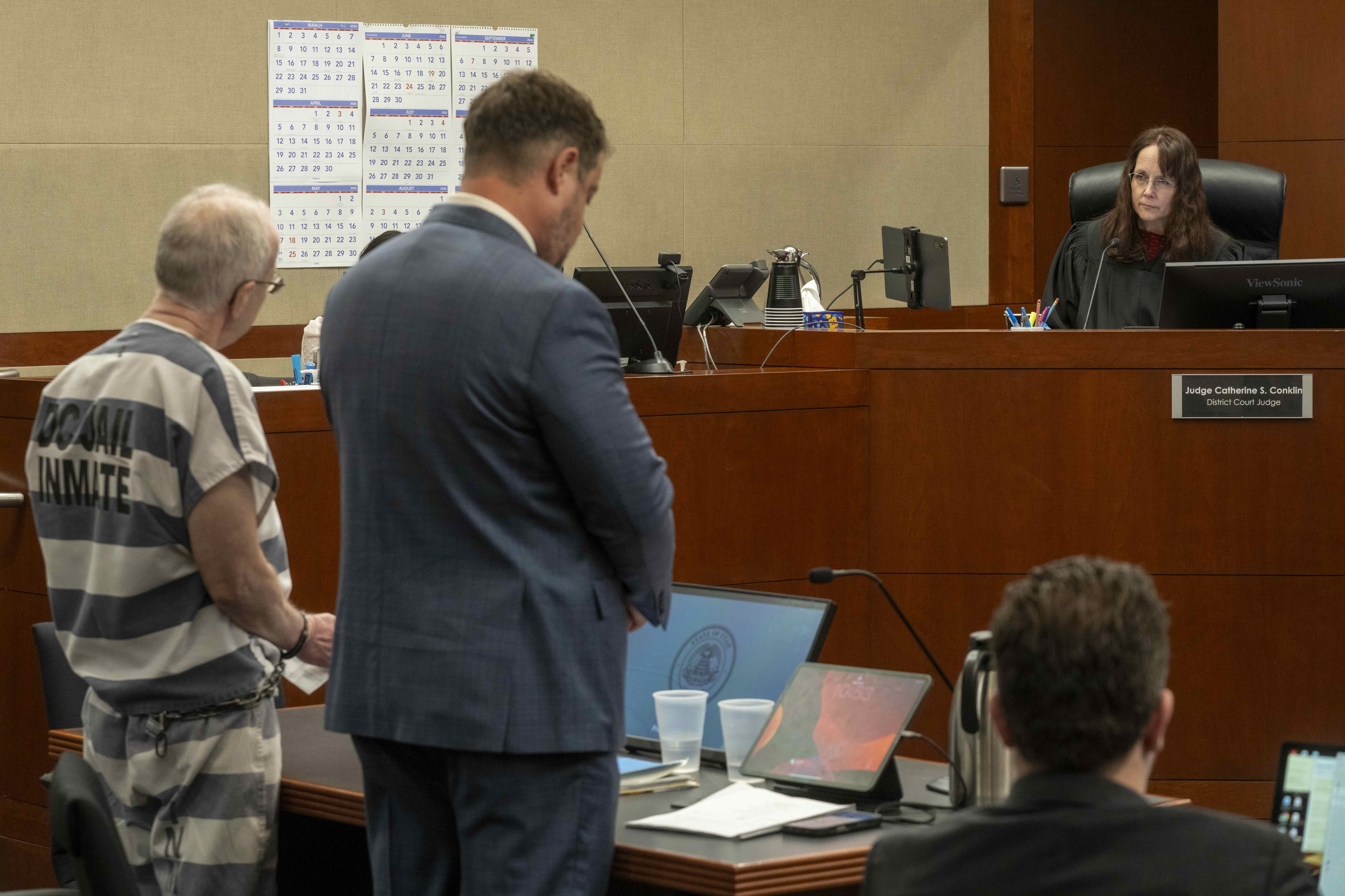Kevin Christensen, a former Box Elder County Justice Court judge, addresses 2nd District Court Judge Catherine Conklin during sentencing in Ogden in his sexual misconduct case on Monday. He's standing with his attorney, Ryan Bushell.