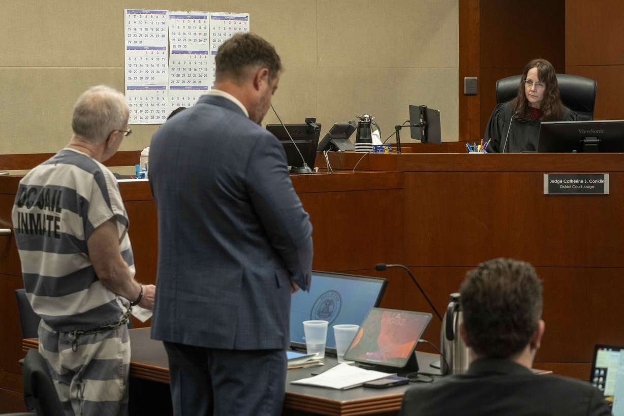 Kevin Christensen, a former Box Elder County Justice Court judge, addresses 2nd District Court Judge Catherine Conklin during sentencing in Ogden in his sexual misconduct case on Monday. He's standing with his attorney, Ryan Bushell.