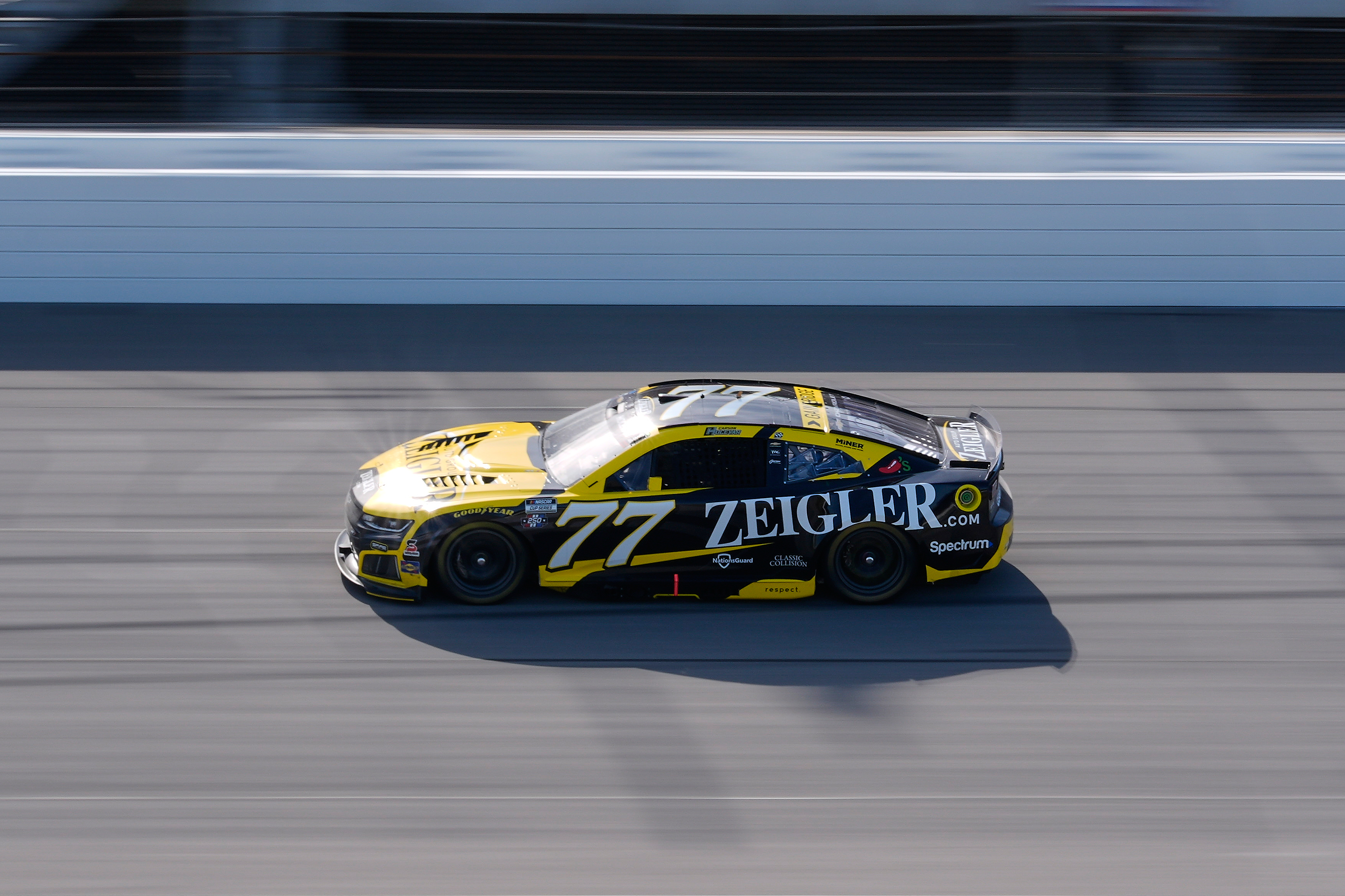 Carson Hocevar (77) drives during a NASCAR Cup Series auto race at Michigan International Speedway in Brooklyn, Mich., Sunday, June 7, 2026.