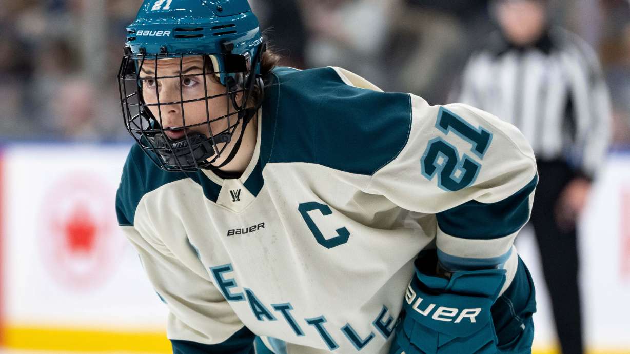 FILE - Seattle Torrent's Hilary Knight (21) waits for a face off against the Vancouver Goldeneyes during the second period of a PWHL hockey game in Vancouver, on Tuesday, April 14, 2026.