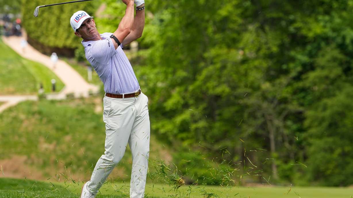 Billy Horschel hits from the first fairway during the second round of the PGA Championship golf tournament at Aronimink Golf Club, Friday, May 15, 2026, in Newtown Square, PA.