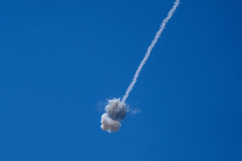 An interception by Israel's Iron Dome anti-missile system, as seen from the Israeli side of the Israel-Lebanon border, Monday.