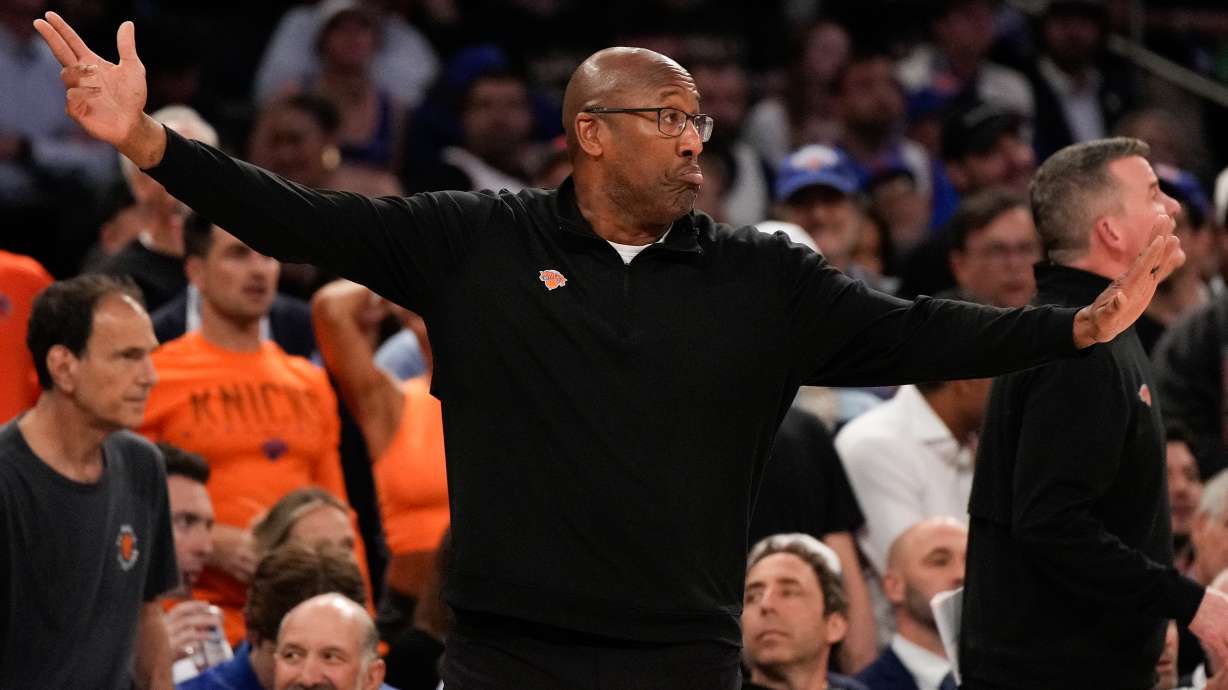 New York Knicks head coach Mike Brown reacts during Game 3 of the NBA Finals basketball series against the San Antonio Spurs, Monday, June 8, 2026, in New York.