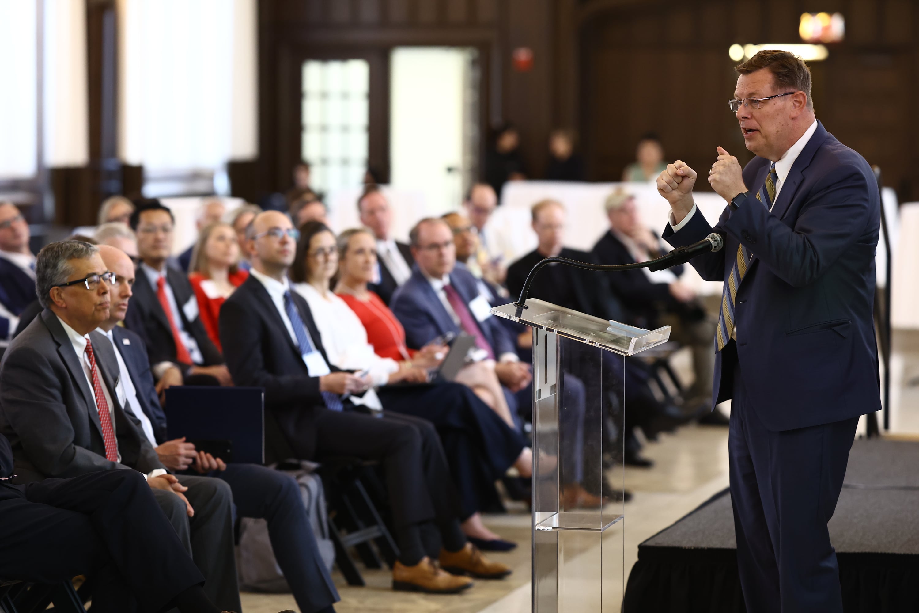 Elder Clark Gilbert of the Quorum of the Twelve Apostles of The Church of Jesus Christ of Latter-day Saints, speaks during the American Council on Education’s Commission on Faith-Based Colleges and Universities held at Heritage Hall on The Catholic University of America campus on Monday in Washington. Gilbert spoke about the need to spread the good happening at faith-based colleges.