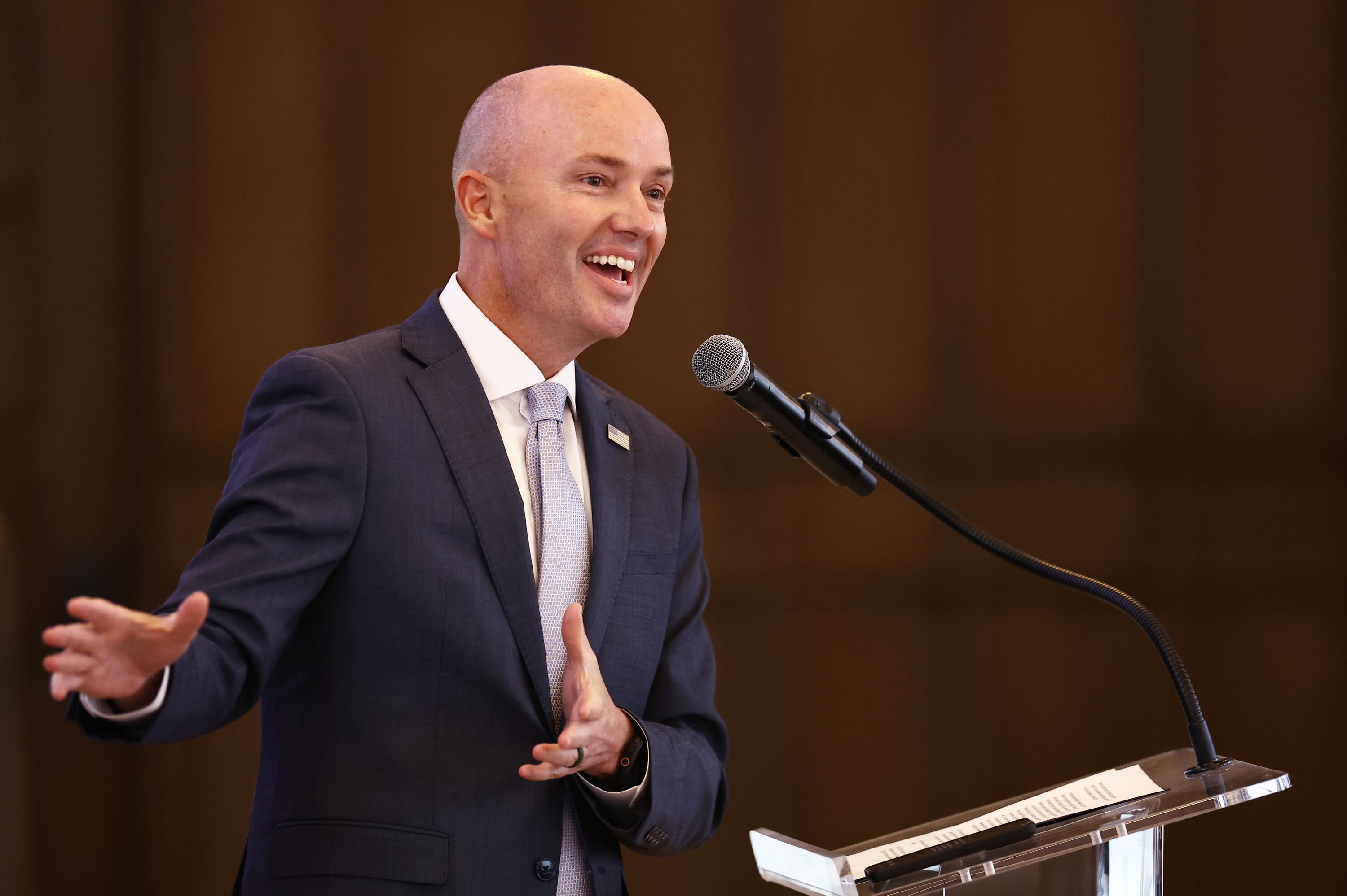 Gov. Spencer Cox delivers a keynote address during the American Council on Education’s Commission on Faith-Based Colleges and Universities held at Heritage Hall on The Catholic University of America campus on Monday in Washington. The conference theme was “Learning to Disagree Better,” something Cox has leaned into during his time in office.