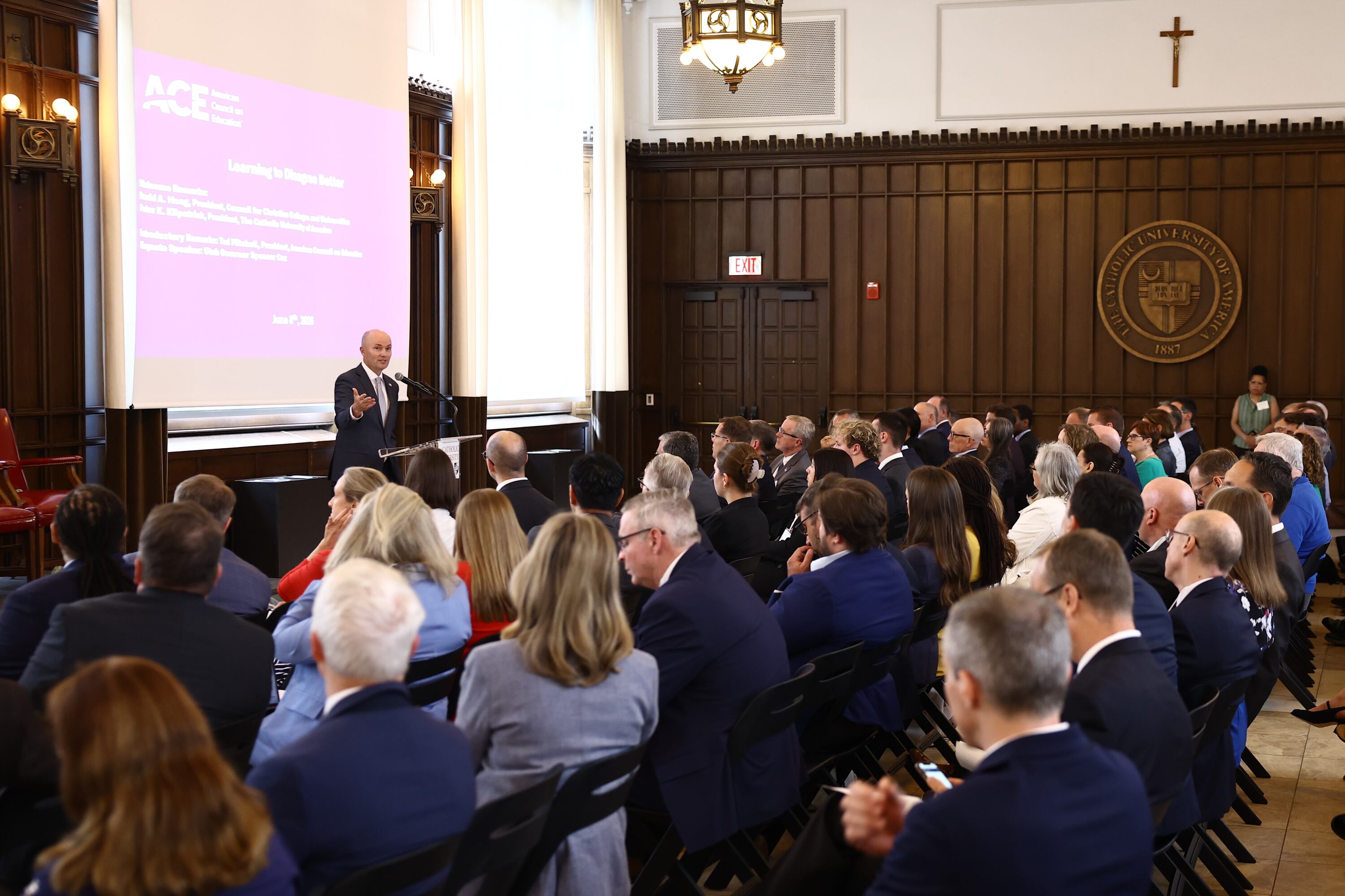 Gov. Spencer Cox delivers a keynote address during the American Council on Education’s Commission on Faith-Based Colleges and Universities held at Heritage Hall on The Catholic University of America campus on Monday in Washington. Cox spoke about the need for both education and morality.