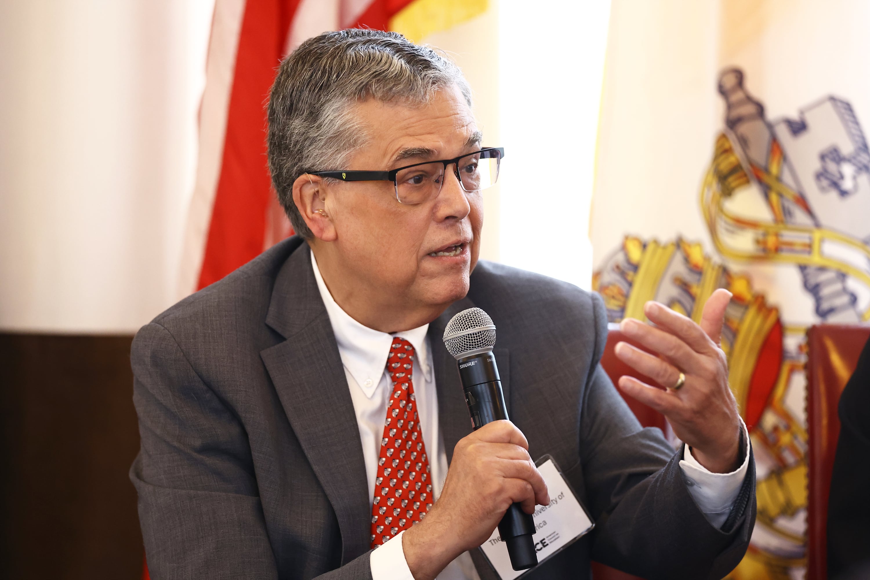 The Catholic University of America President Peter Kilpatrick speaks on a panel during the American Council on Education’s Commission on Faith-Based Colleges and Universities held at Heritage Hall on The Catholic University of America campus on Monday, in Washington. Kilpatrick spoke about how students engaging in "things of the Spirit" is making a difference.