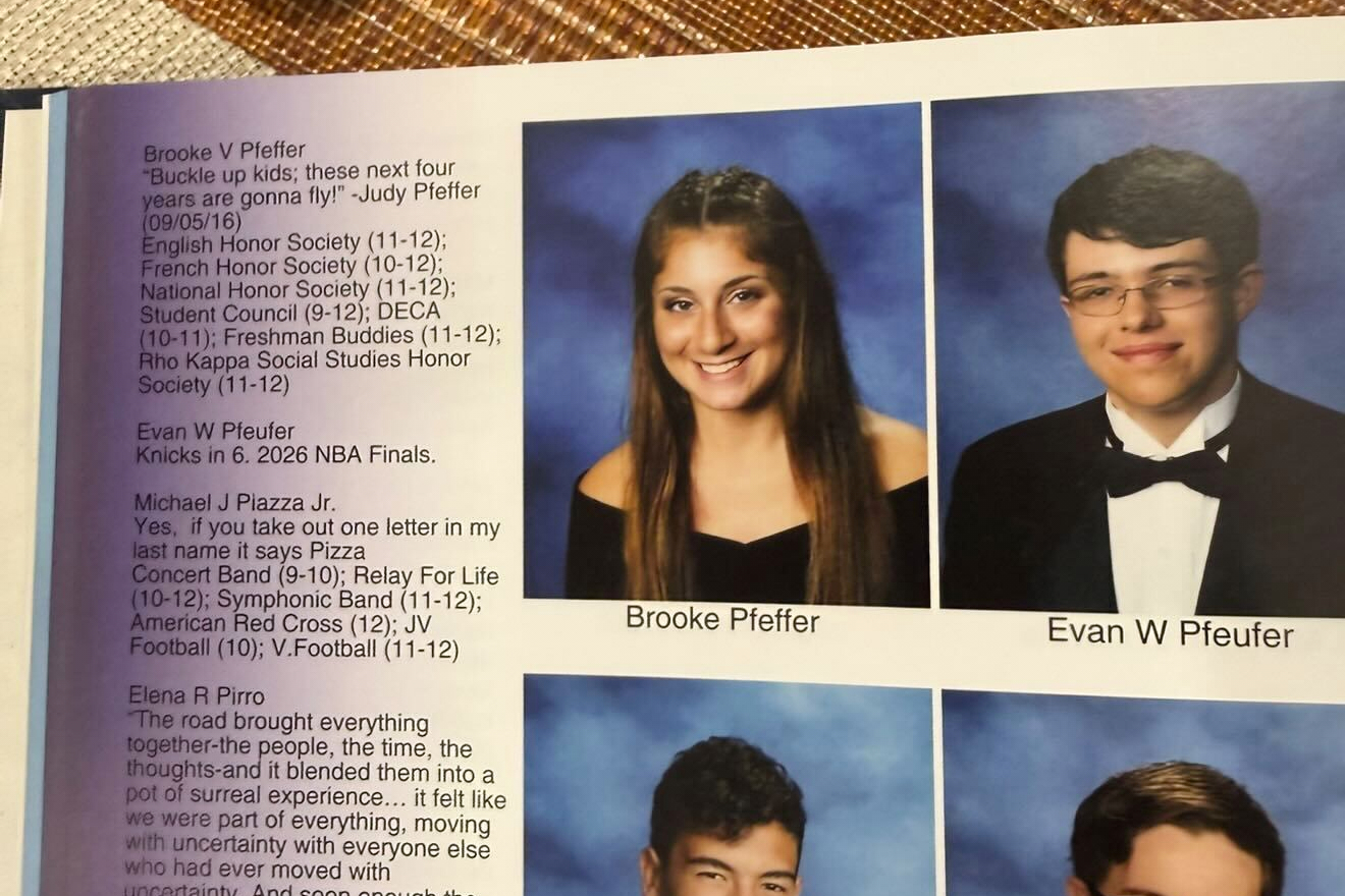 This photo provided by Evan Pfeufer shows Pfeufer's senior quote, which reads "Knicks in 6. 2026 NBA Finals," and photo in his high school yearbook on Thursday, June 4, 2026, in Kings Park, N.Y.
