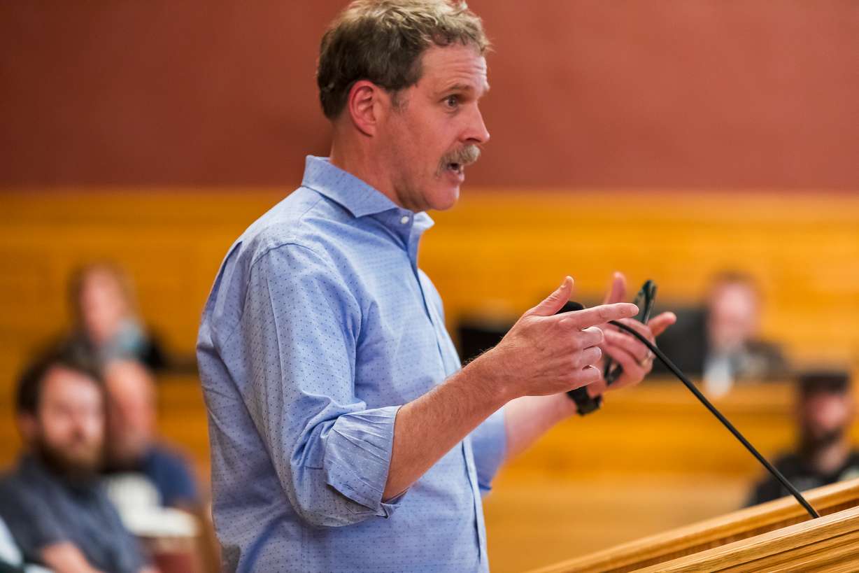Scott Lyttle, owner of Tea Zaanti, answers a question to members of the Salt Lake City Council during an interview process on Tuesday. Lyttle lost a coin flip to fill a vacancy in the City Council.