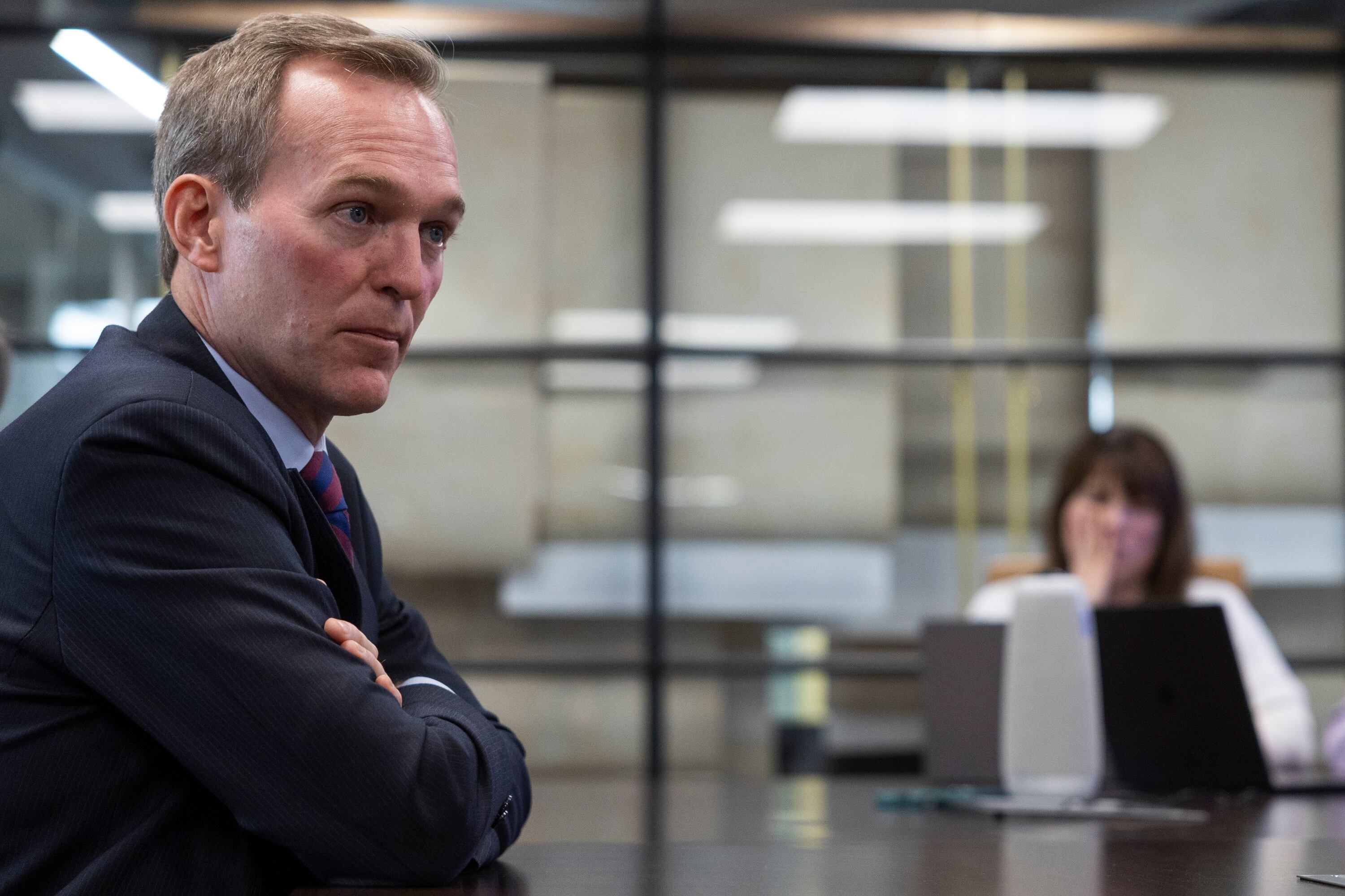 Ben McAdams, a candidate for Utah's 1st Congressional District, speaks with the Deseret News and KSL editorial boards at the Deseret News office in Salt Lake City on Monday. McAdams notably has stock in a data center under construction in Delta.