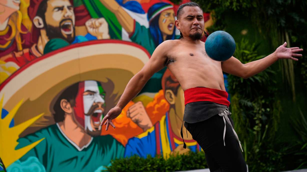 Aztlán Tenochtitlan plays ulama, a traditional Mesoamerican ball game dating back to pre-Hispanic times in Mexico City, Tuesday, June 9, 2026.