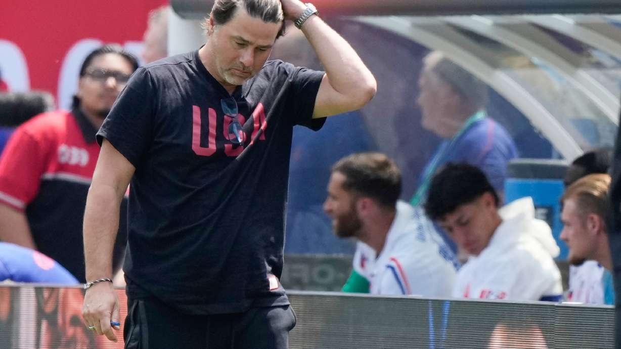 United States head coach Mauricio Pochettino reacts during the first half of an international friendly soccer match against Germany in Chicago, Saturday, June 6, 2026.