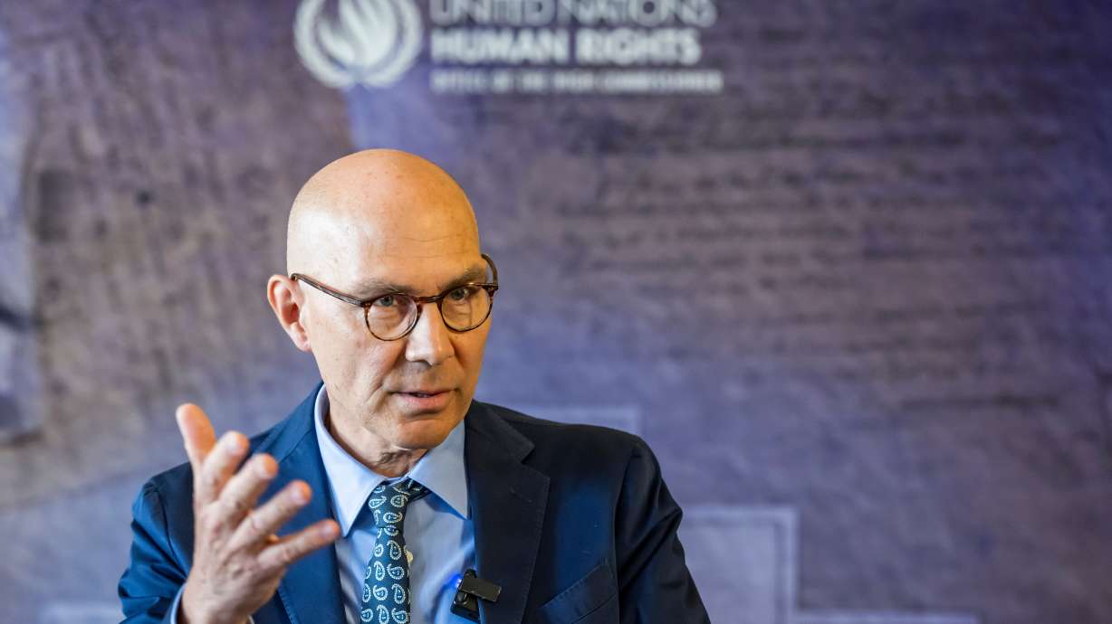UN High Commissioner for Human Rights Volker Turk speaks to the media, at the Office of the United Nations High Commissioner for Human Rights (OHCHR) Palais Wilson, in Geneva, Switzerland, Wednesday, June 10, 2026.