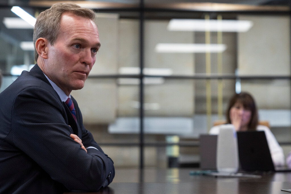 Ben McAdams, a candidate for Utah's 1st Congressional District, speaks to the Deseret News editorial board at the Deseret News office in Salt Lake City on Monday.