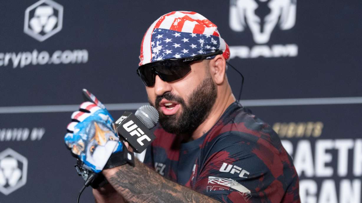 UFC heavyweight fighter Josh Hokit speaks to reporters during the UFC Freedom 250 media day, Wednesday, June 10, 2026, in Washington.