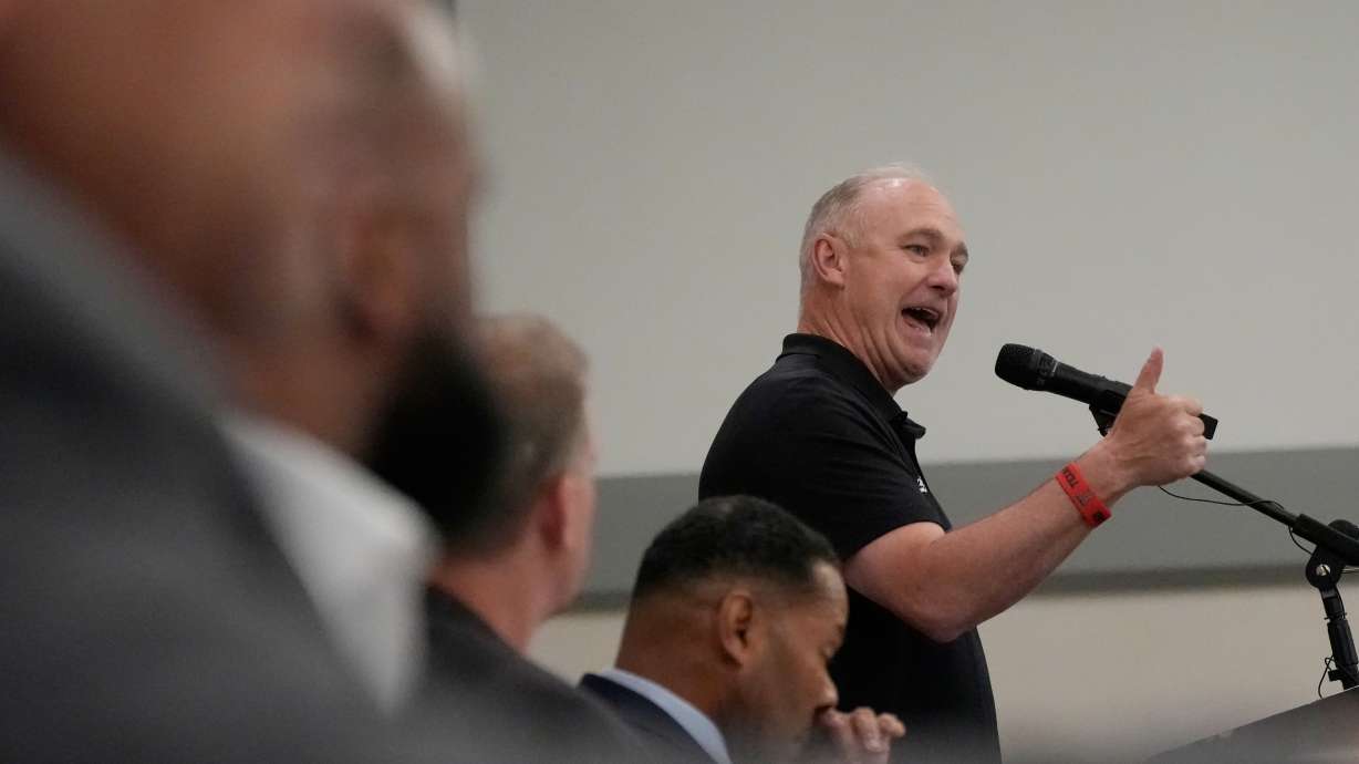 Texas Tech football coach Joey McGuire speaks during The Houston Touchdown Club luncheon, Wednesday, June 10, 2026, in Houston.