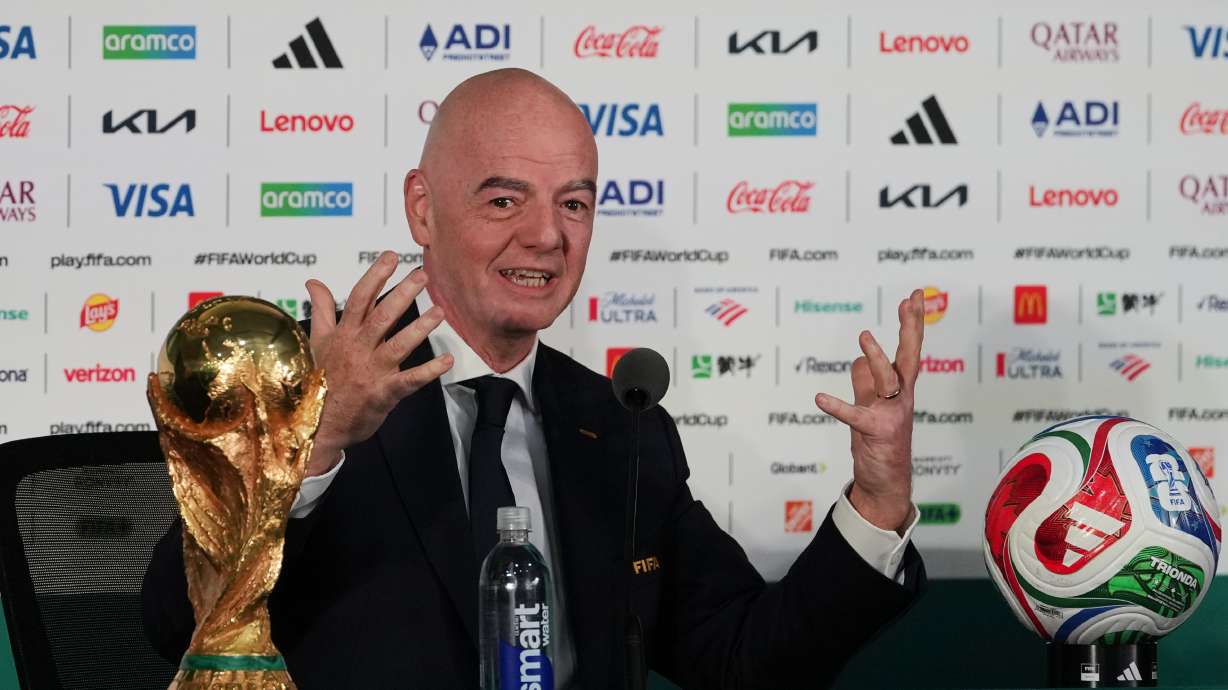 FIFA President Gianni Infantino speaks during a news conference at the stadium in Mexico City, Wednesday, June 10, 2026, a day before the opening FIFA World Cup match between Mexico and South Africa.