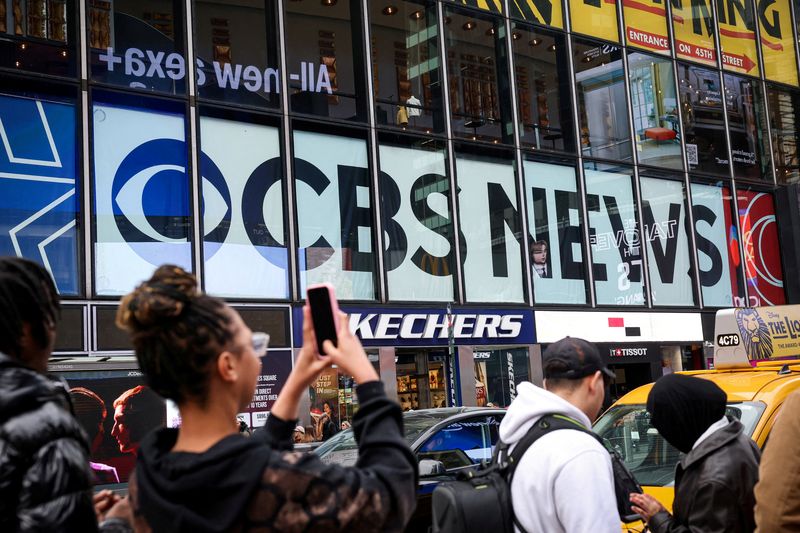A CBS News sign is displayed on the Paramount offices in Manhattan, N.Y., March 20. The network was the only one to air President Donald Trump's speech on Thursday, though anchor Tony Dokoupil offered an advance rebuttal to the speech.