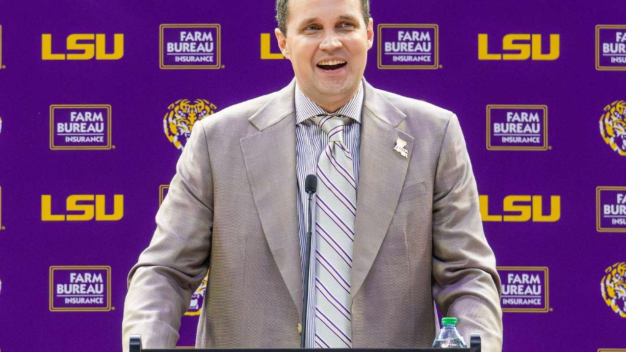 FILE - Will Wade talks about his journey back to LSU as the men's NCAA college basketball coach during an introductory news conference Monday, March 30, 2026, in Baton Rouge, La.