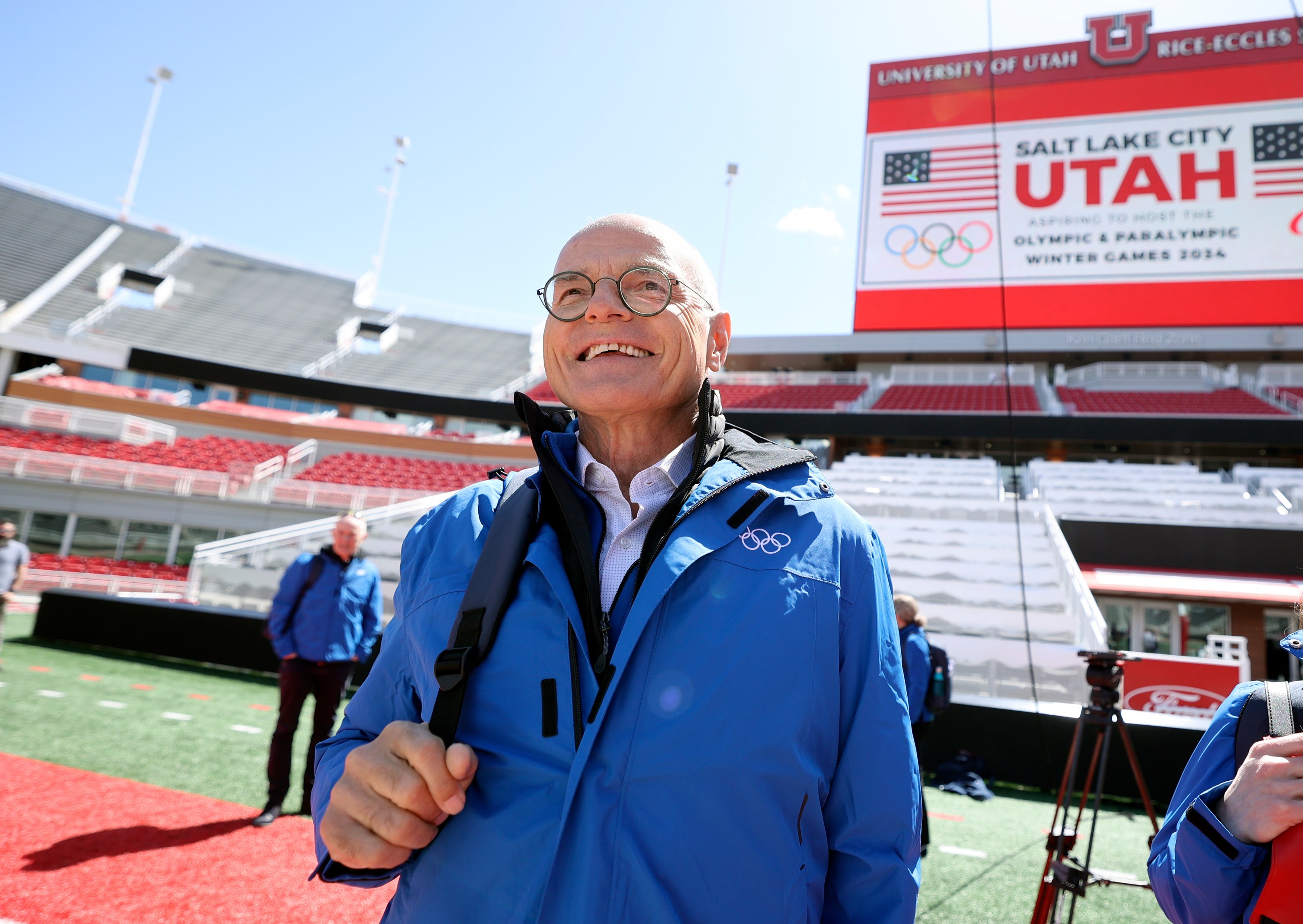 Karl Stoss, chair of the Future Host Commission for the Olympic Winter Games, tours Rice-Eccles Stadium on April 10, 2024. Stoss said summer sports could be added to Utah's 2034 Winter Olympics.