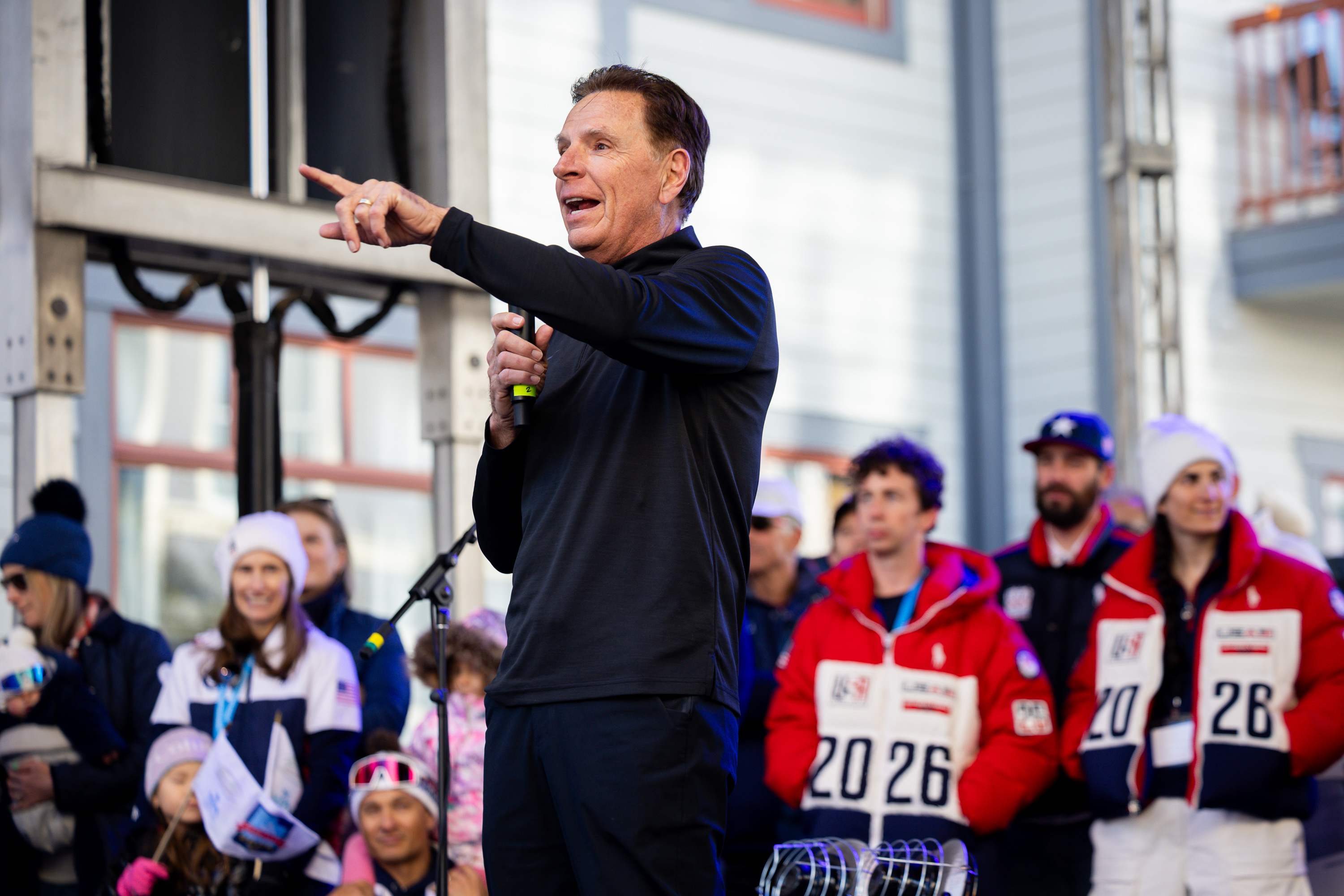 Fraser Bullock, president and executive chair of the Utah 2034 Olympic and Paralympic Winter Games organizing committee, speaks during a Youth Sports Alliance Olympic and Paralympic Homecoming Parade in Park City on April 3. Bullock said any additions of sports is a year away, but would be considered carefully.