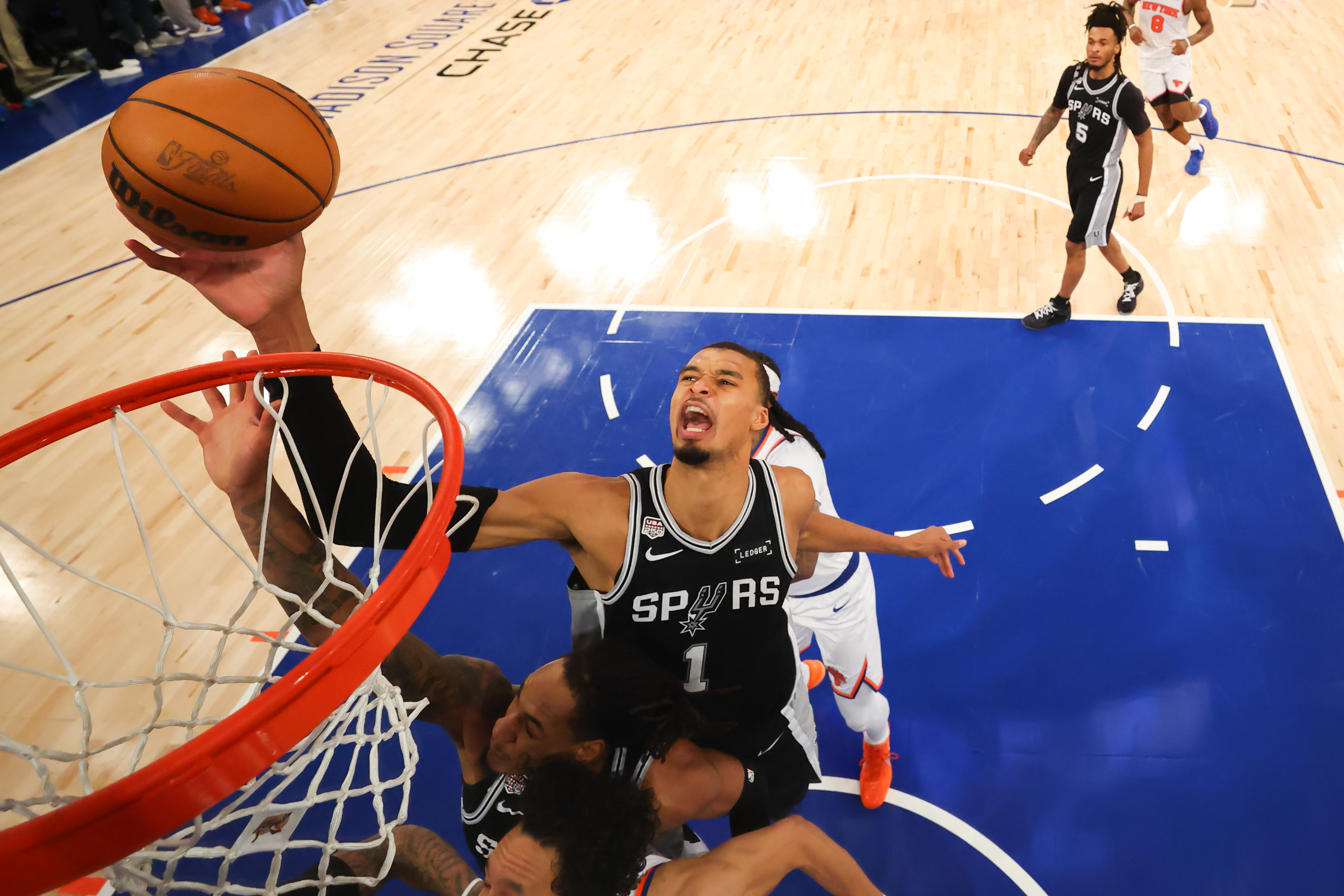 San Antonio Spurs forward Victor Wembanyama (1) shoots against the New York Knicks during the second half of Game 4 of the NBA Finals basketball series, Monday, June 8, 2026, in New York.