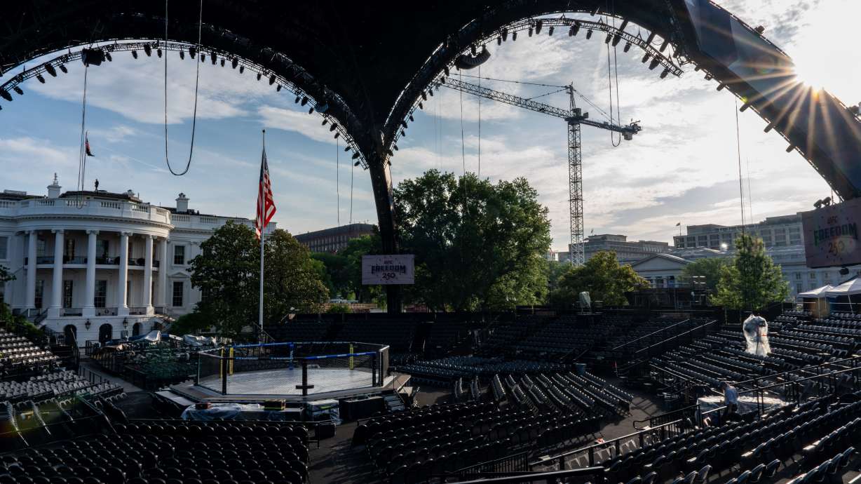 Members of the media view the arena for the UFC Freedom 250 fights on the South Lawn of the White House, Thursday, June 11, 2026, in Washington.