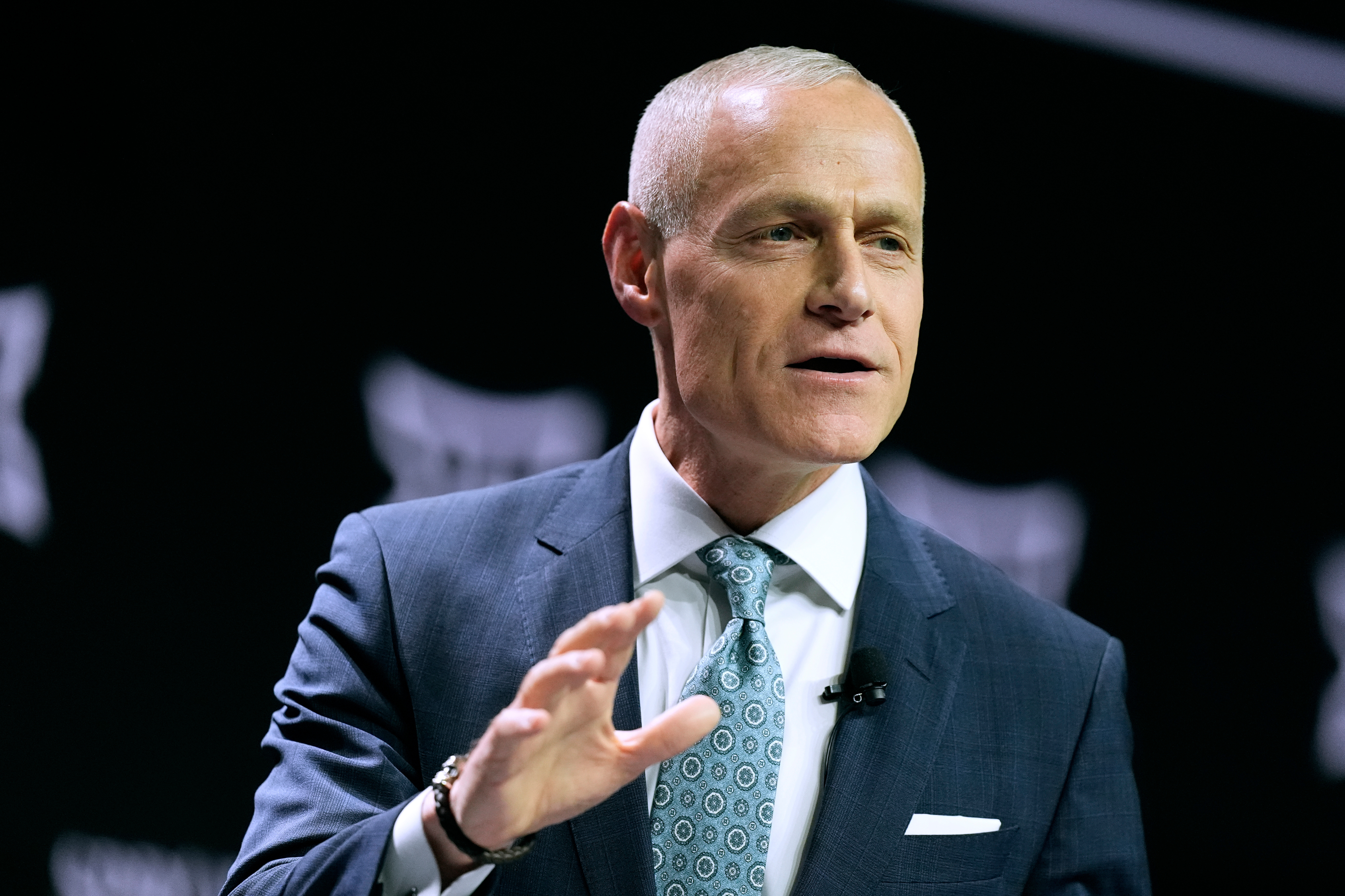 FILE - Big 12 Commissioner Brett Yormark addresses the media during the NCAA college Big 12 women's basketball media day, Oct. 22, 2024, in Kansas City, Mo.
