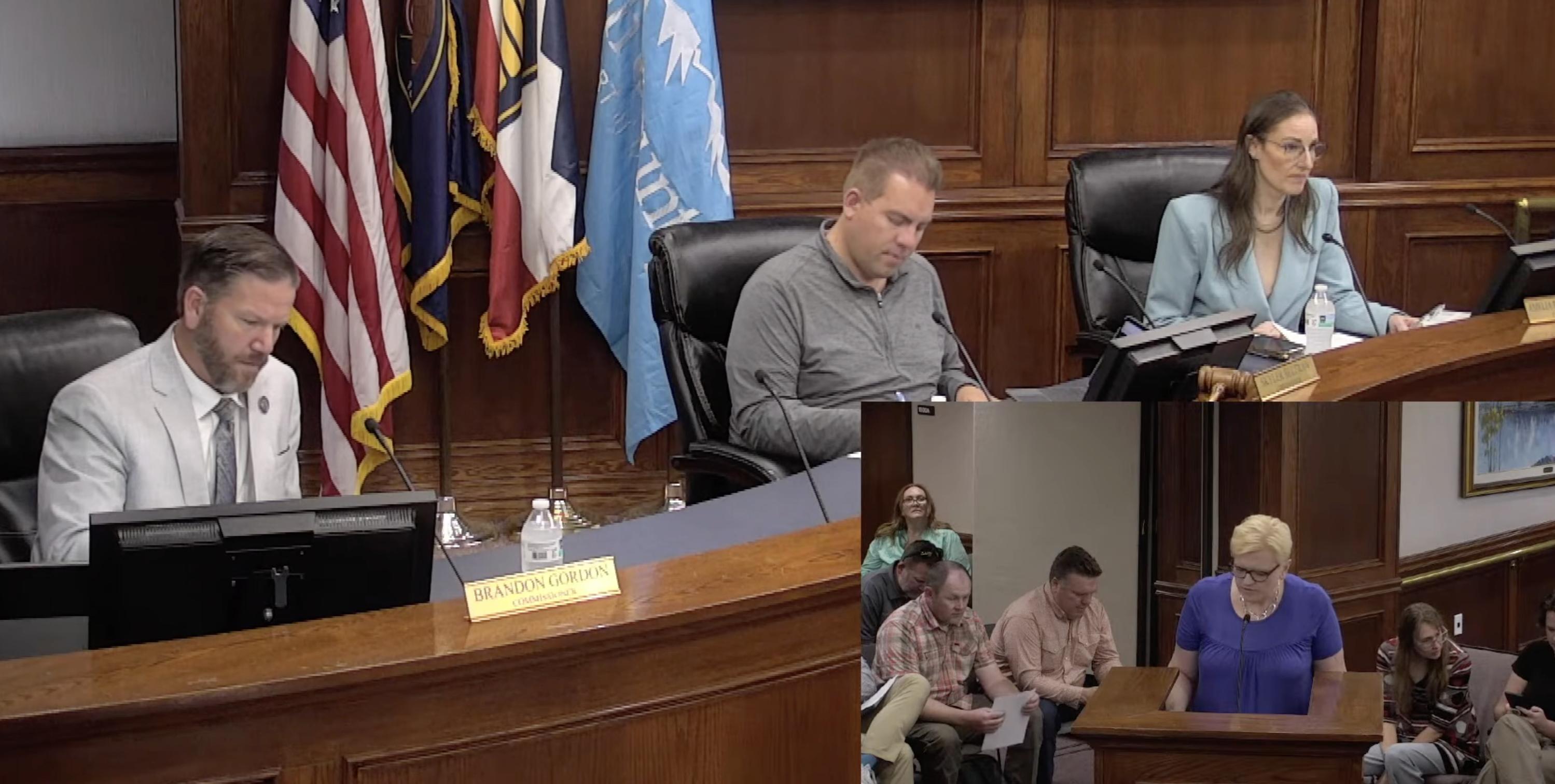 Carren Crossley, of Spanish Fork, speaks about her disproval of a new county chief deputy clerk during a Utah County Commission meeting on Wednesday.