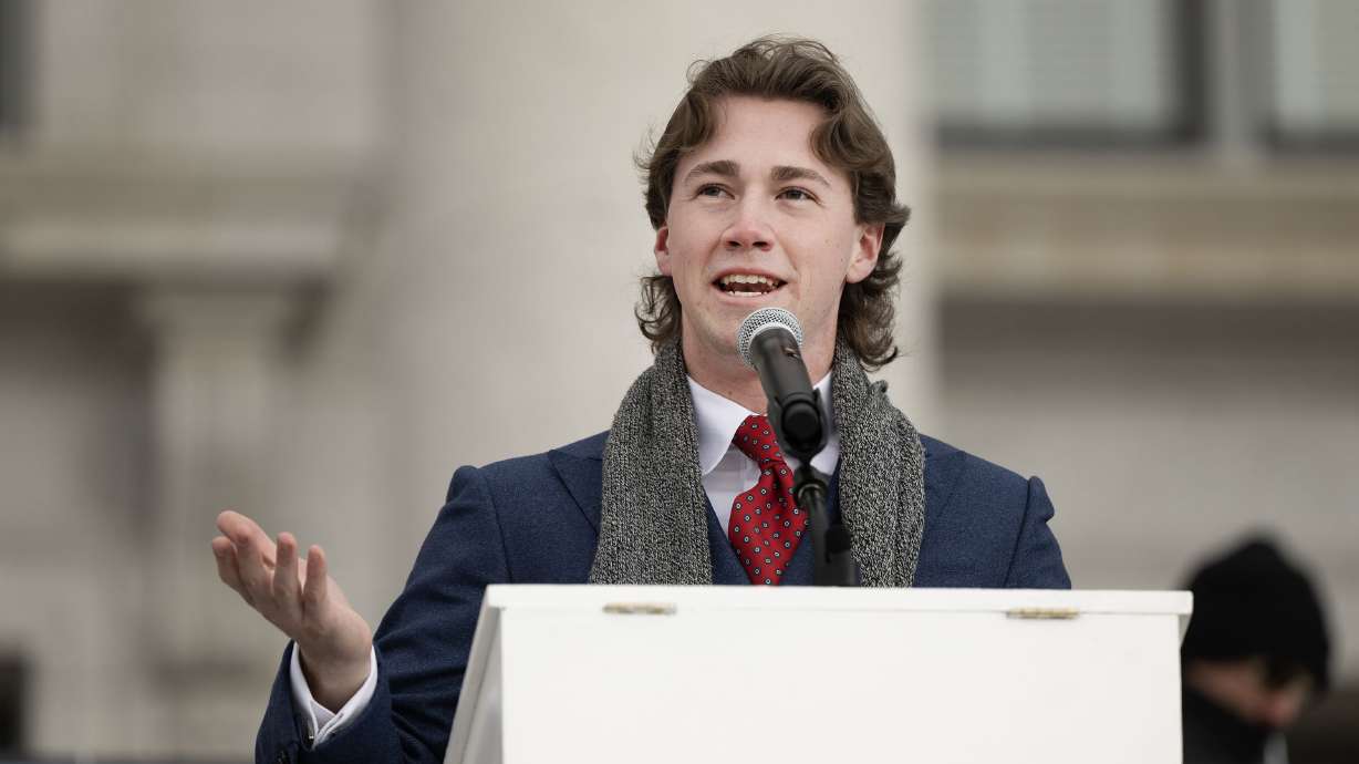 Kai Schwemmer, a BYU student, speaks at the Capitol in Salt Lake City, Jan. 24. Schwemmer was recently hired as the chief deputy clerk for Utah County, prompting backlash from citizens and community leaders.