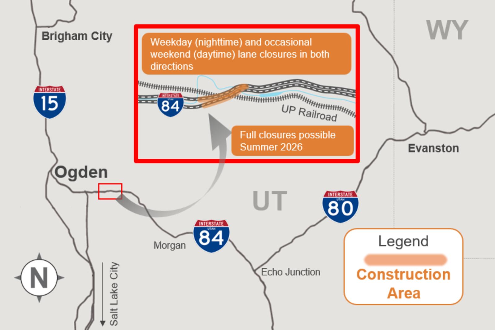 The eastbound I-84 lanes through the Weber Canyon will be temporarily closed starting Monday morning for a bridge upgrade project along the winding road. The map shows the impacted section.
