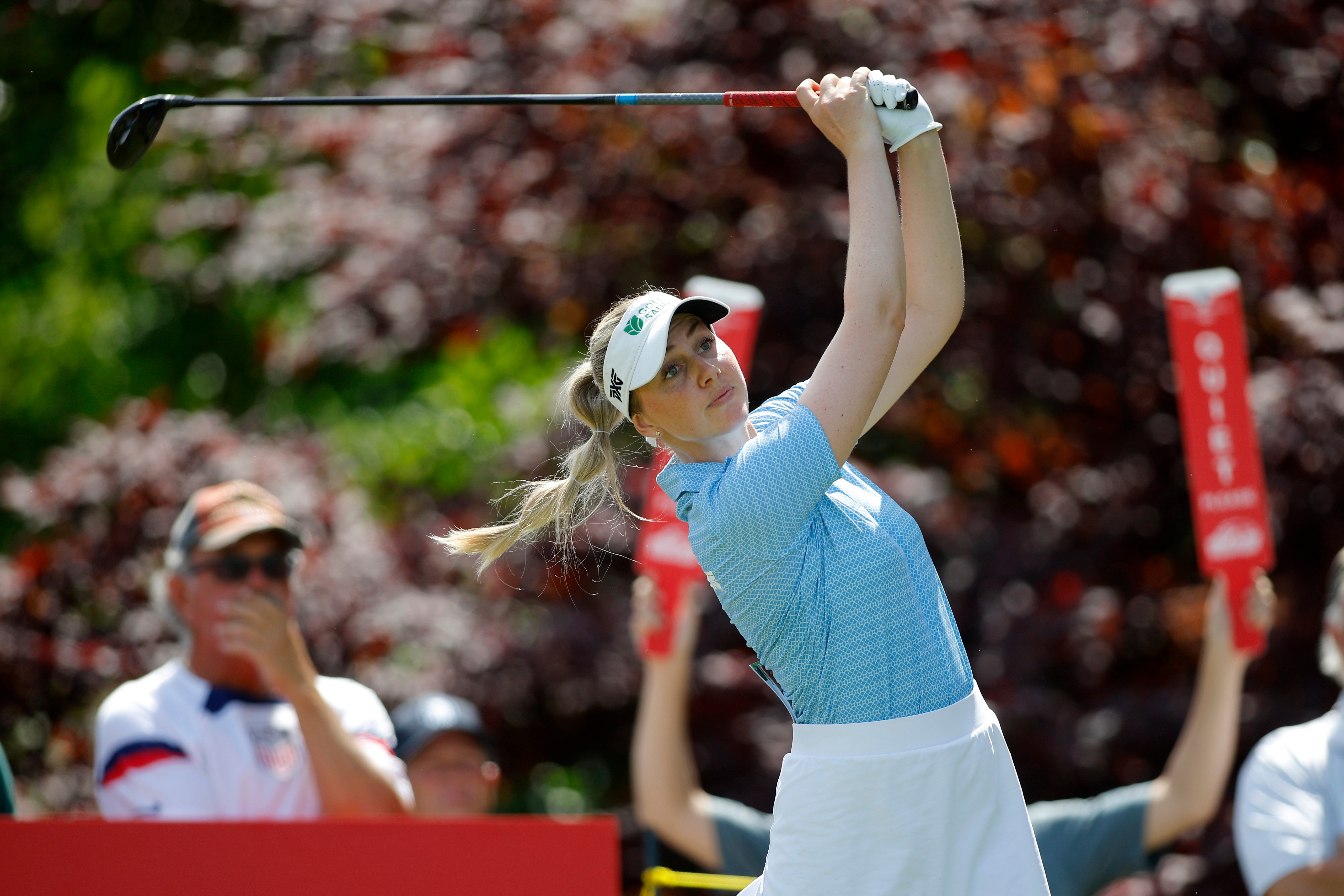 Olivia Cowan, of Germany, watches her tee shot on the 17th hole during the first round of the Dow Championship LPGA golf tournament, Thursday, June 11, 2026, at Midland Country Club in Midland, Mich.