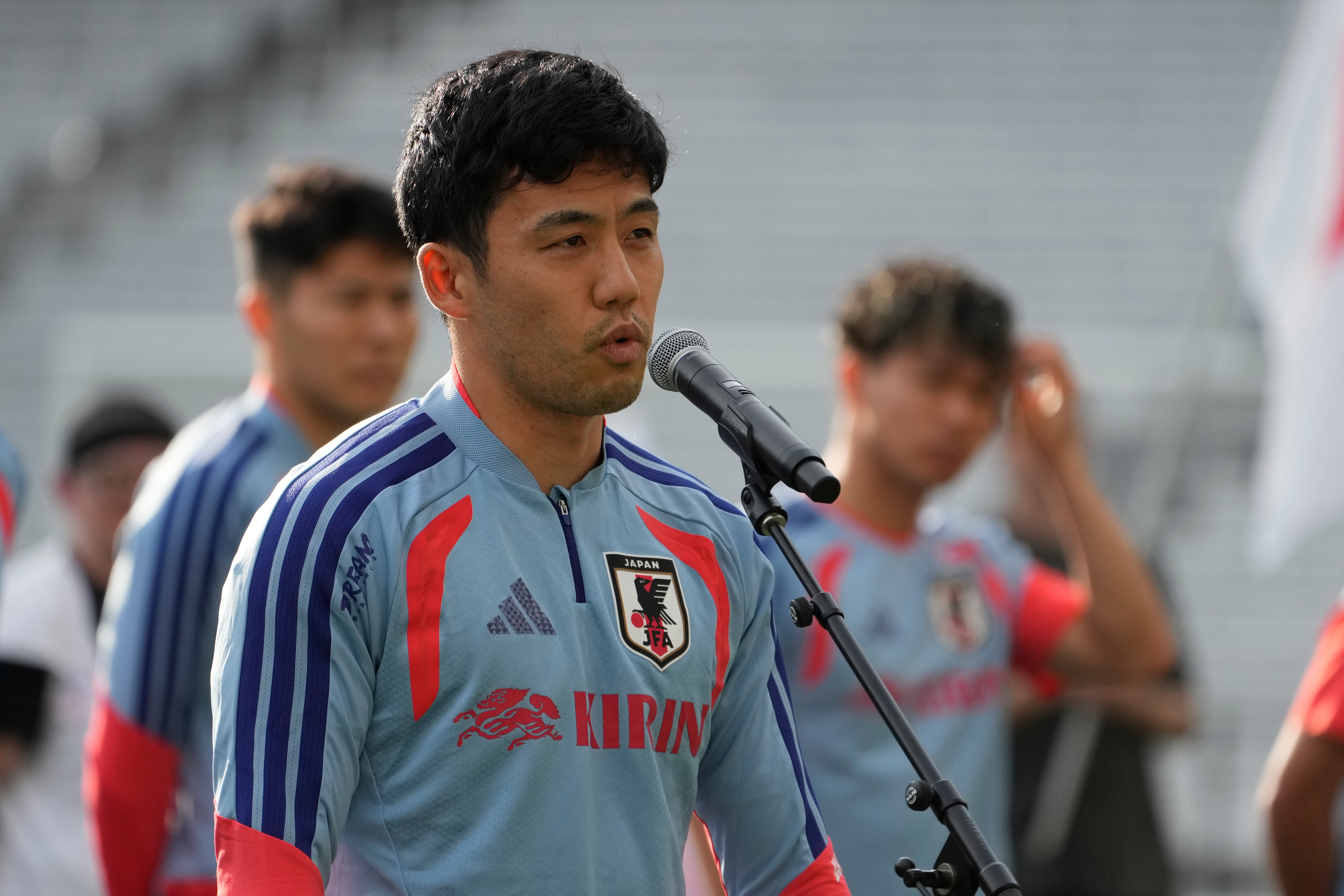 Japan's Wataru Endo addresses fans before a training session Monday, June 8, 2026, in Nashville, Tenn., ahead of the World Cup soccer tournament.