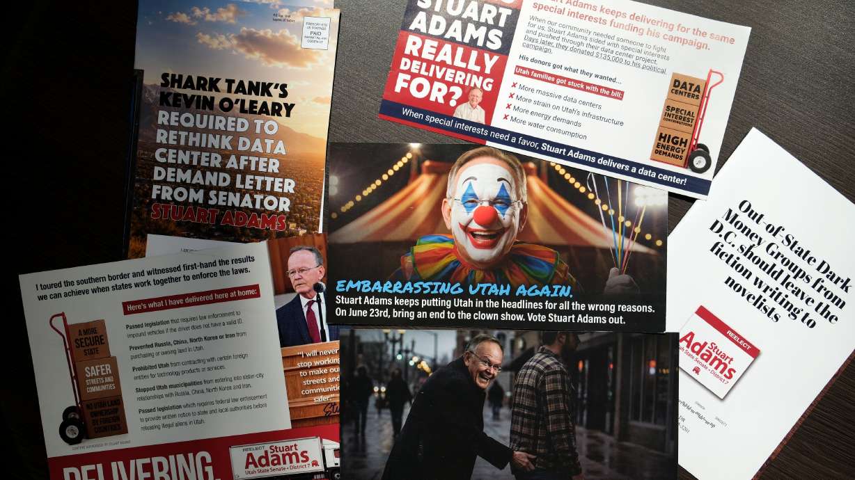 Flyers regarding Senate President Stuart Adams’ upcoming reelection campaign at the Deseret News office in Salt Lake City on Thursday. Adams is under fire from both conservative and liberal groups heading into Utah's primary elections on June 23.