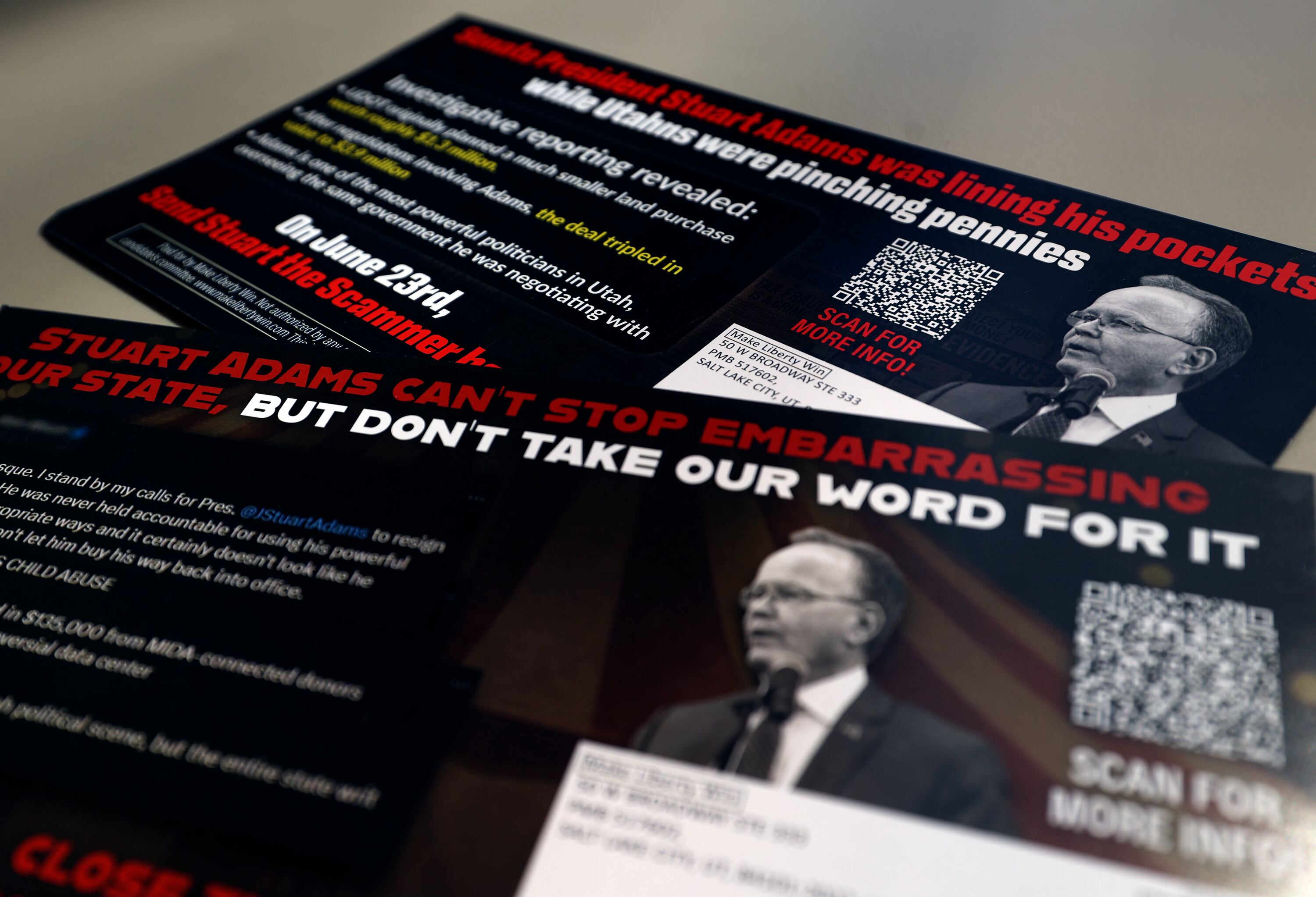 Flyers regarding Senate President Stuart Adams’ upcoming reelection campaign are pictured at the Deseret News office in Salt Lake City on Thursday. Adams is considered one of the most vulnerable incumbents in this year's elections.