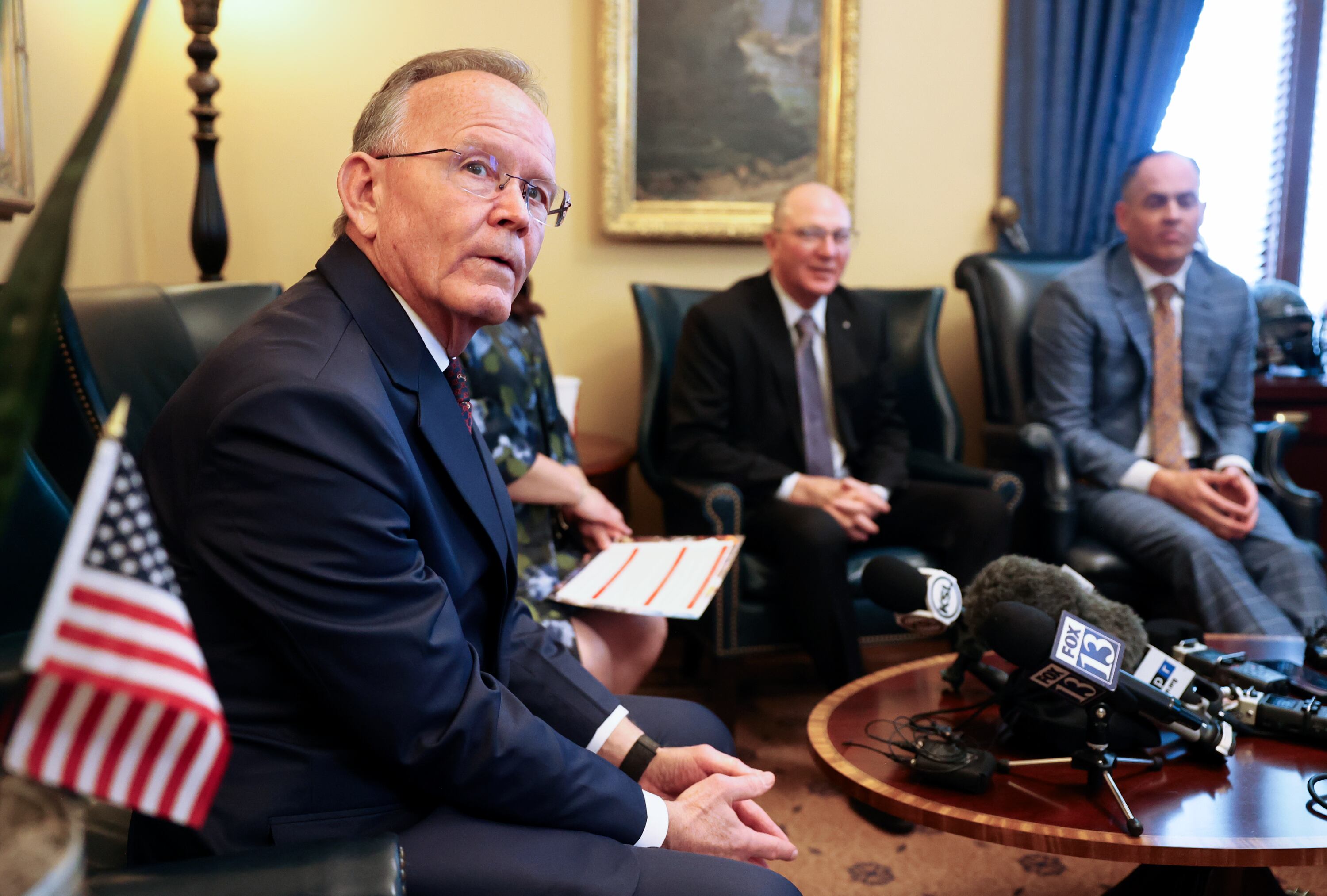 Senate President Stuart Adams, R-Layton, speaks during media availability on the opening day of the 2026 legislative session at the Capitol in Salt Lake City on Jan. 20. Conservative and liberal groups are targeting Adams this election season with negative ads.