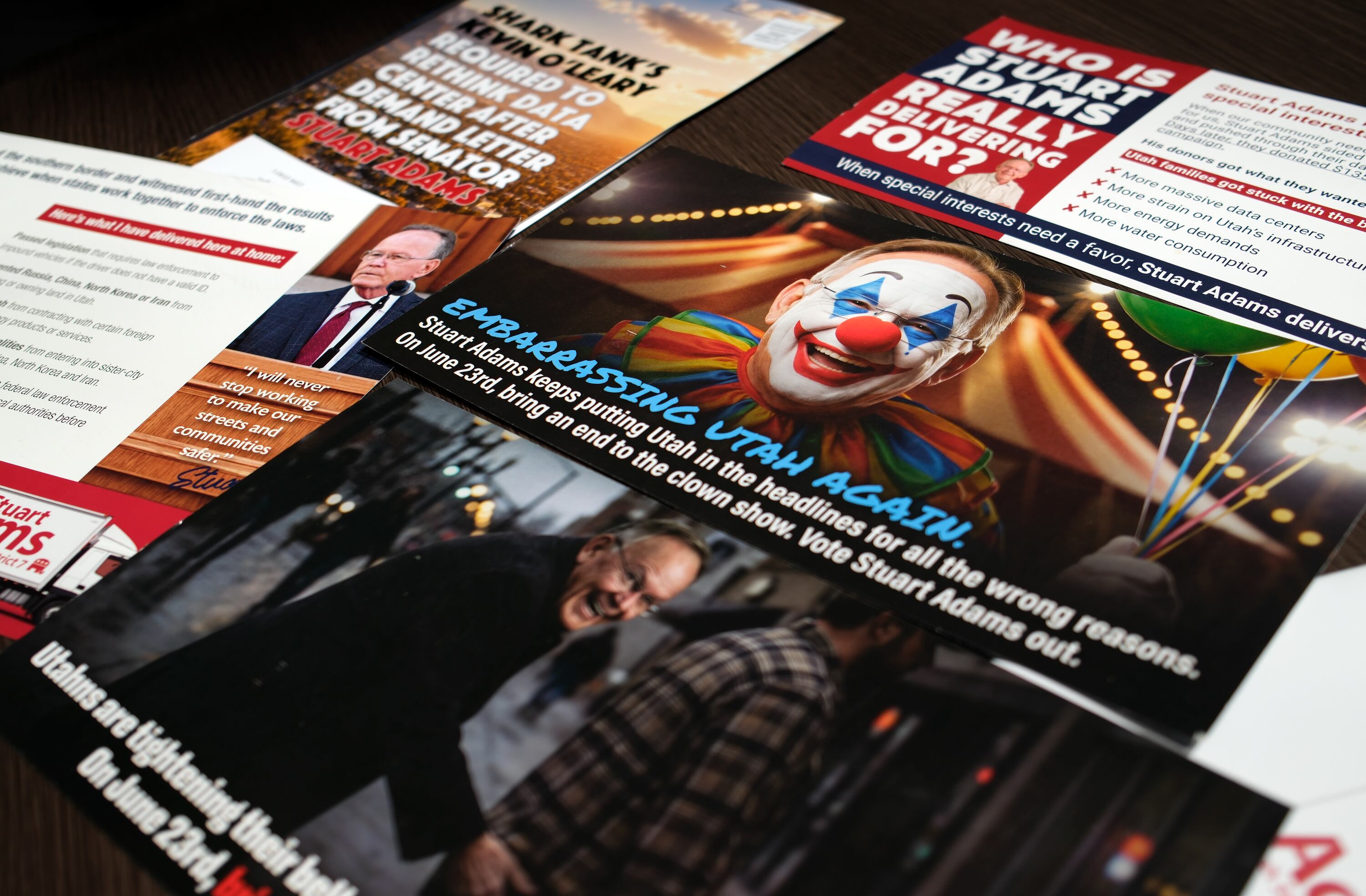 Flyers regarding Senate President Stuart Adams’ upcoming reelection campaign are pictured at the Deseret News office in Salt Lake City on Thursday. The ads are the idea of Make Liberty Win, a political action committee that has previously launched aggressive negative campaigns in several states.