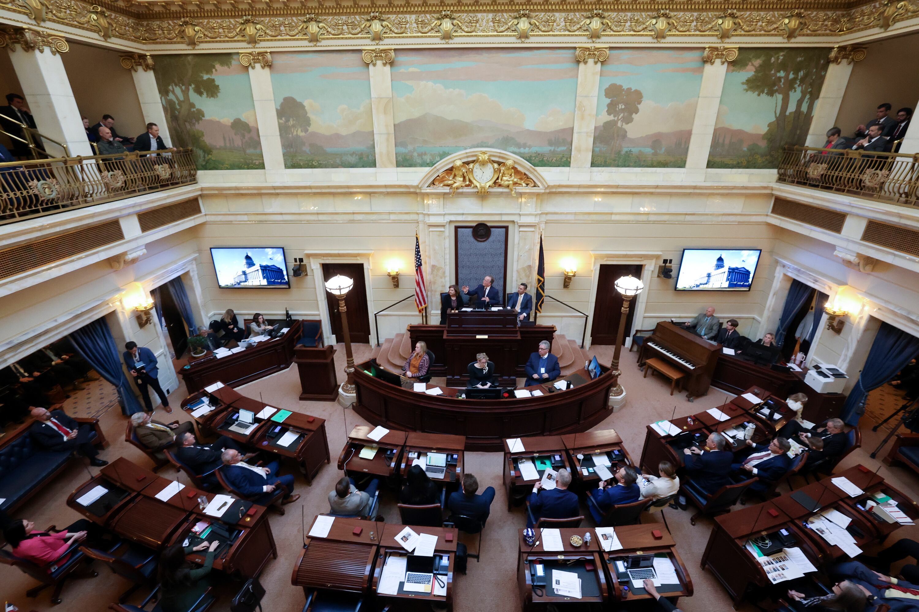 Senate President Stuart Adams, R-Layton, speaks on the opening day of the 2026 legislative session at the Capitol in Salt Lake City on Jan. 20. Conservative and liberal groups are targeting Adams this election season with negative ads.
