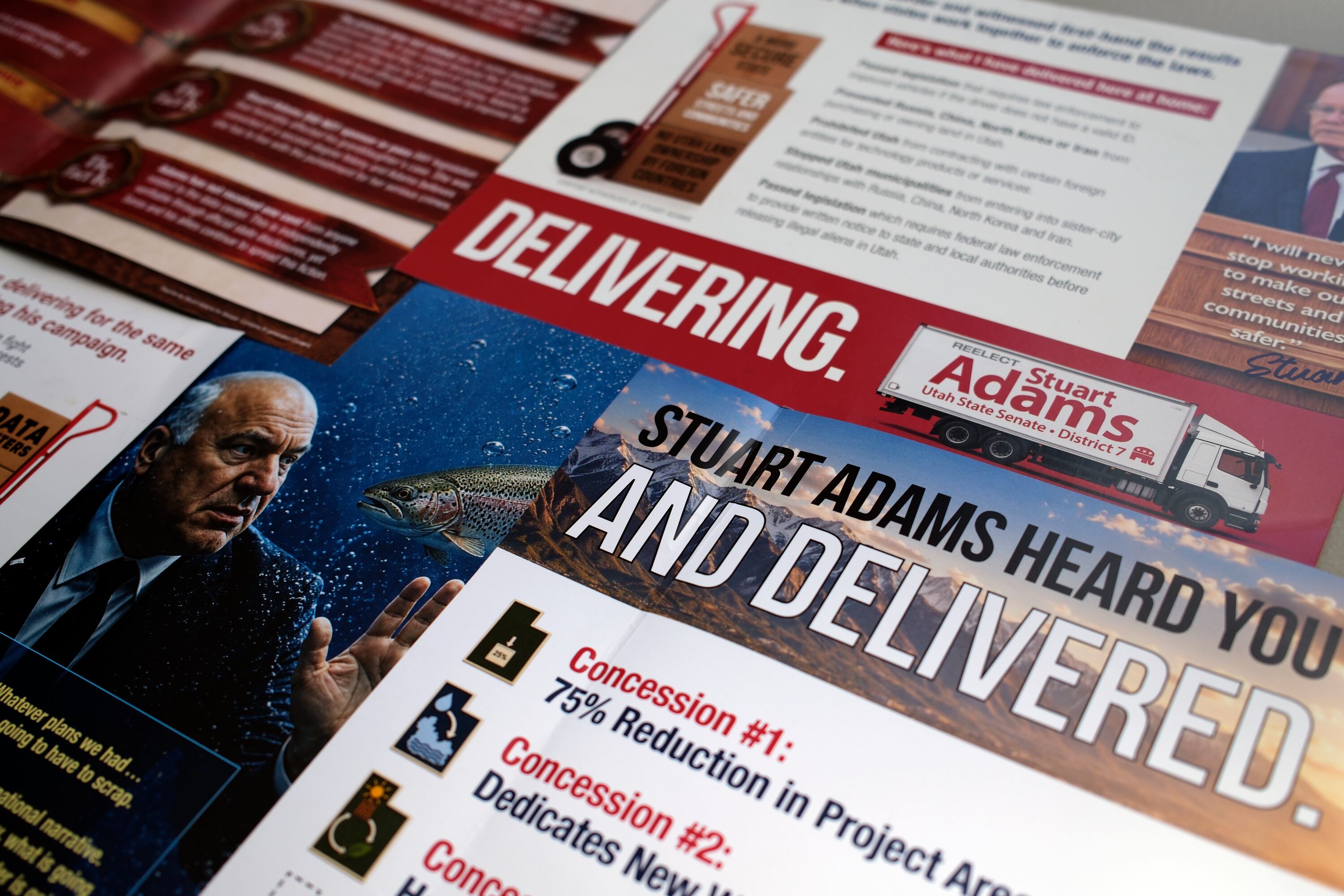 Flyers regarding Senate President Stuart Adams’ upcoming reelection campaign are pictured at the Deseret News office in Salt Lake City on Thursday. Adams is trying reiterate his accomplishments to voters amid a massive negative ad campaign against him.
