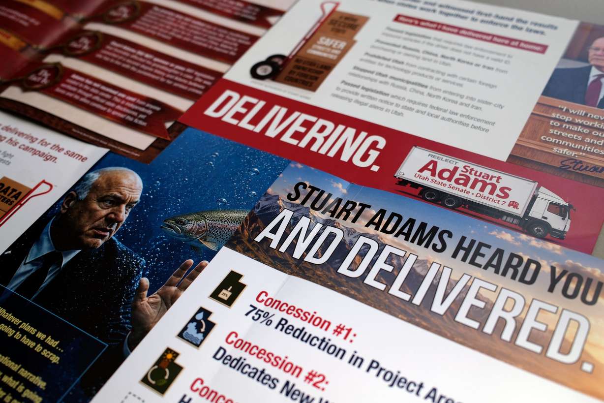 Flyers regarding Senate President Stuart Adams’ upcoming reelection campaign are pictured at the Deseret News office in Salt Lake City on Thursday. Adams is trying reiterate his accomplishments to voters amid a massive negative ad campaign against him.