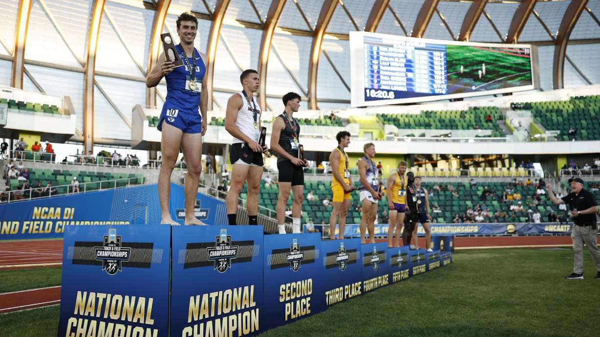 BYU's Ben Barton won the decathlon national title at the 2026 NCAA outdoor track and field championships, Thursday, June 11, 2026 in Eugene, Oregon.