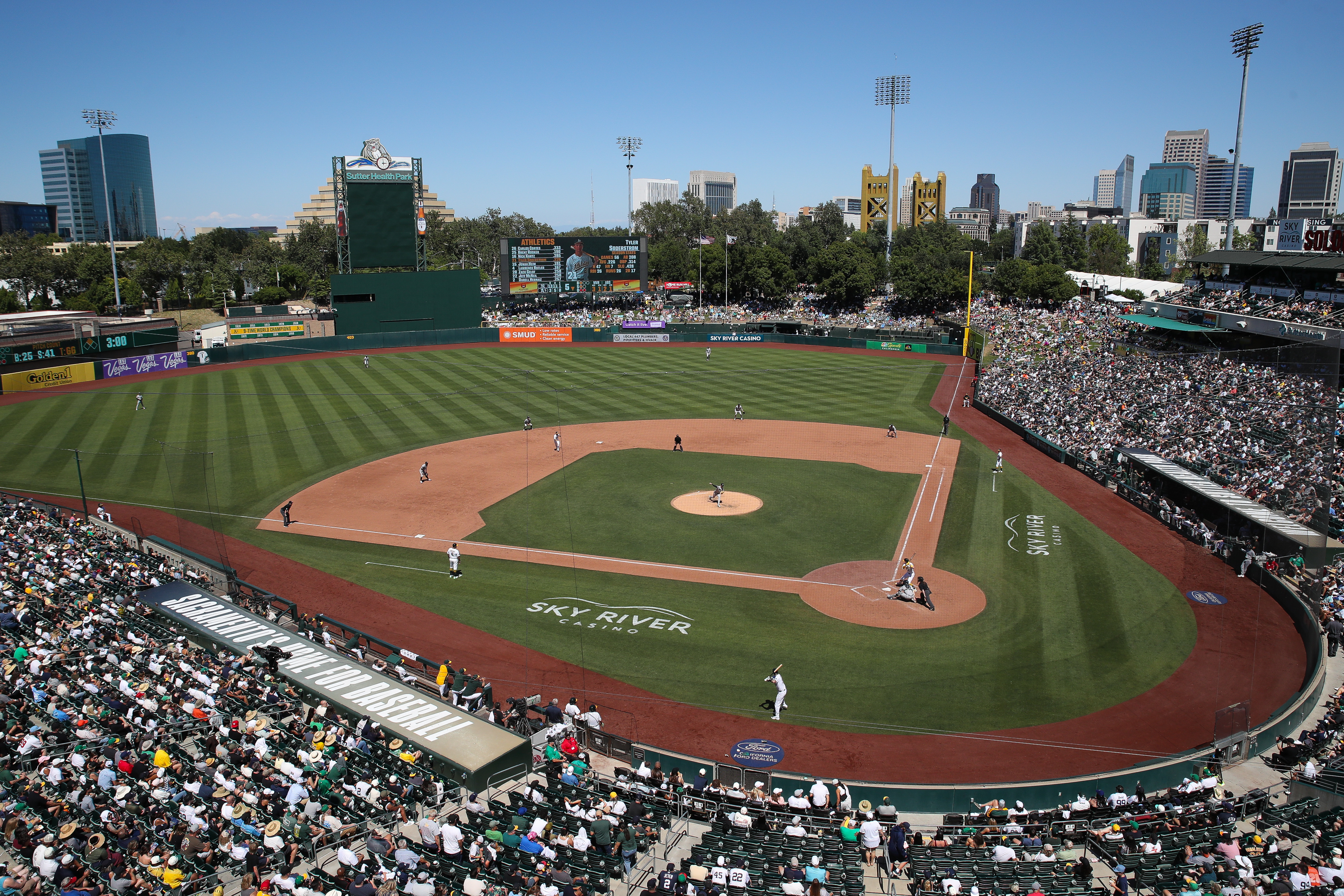 The Athletics and the New York Yankees play during the fifth inning of a baseball game at Sutter Health Park, Sunday, May 31, 2026, in West Sacramento, Calif.