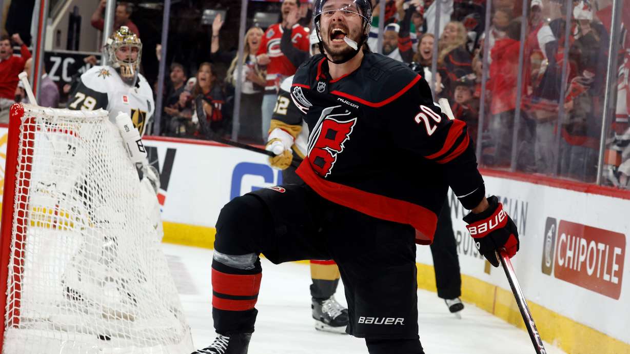 Carolina Hurricanes' Sebastian Aho (20) celebrates after his goal during the second period in Game 5 of the NHL hockey Stanley Cup Final series against the Vegas Golden Knights in Raleigh, N.C., Thursday, June 11, 2026.