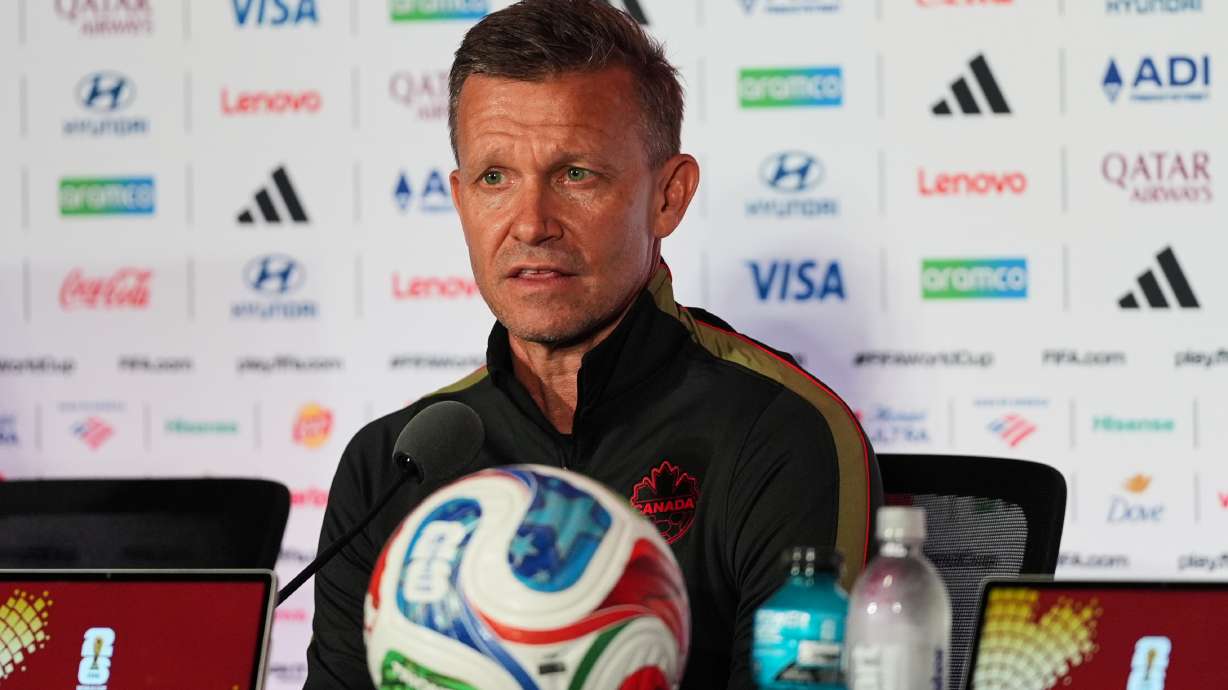 Canada head coach Jesse Marsch speaks during a press conference, Thursday, June 11, 2026, in Toronto, on the eve of the team's World Cup soccer match against Bosnia.