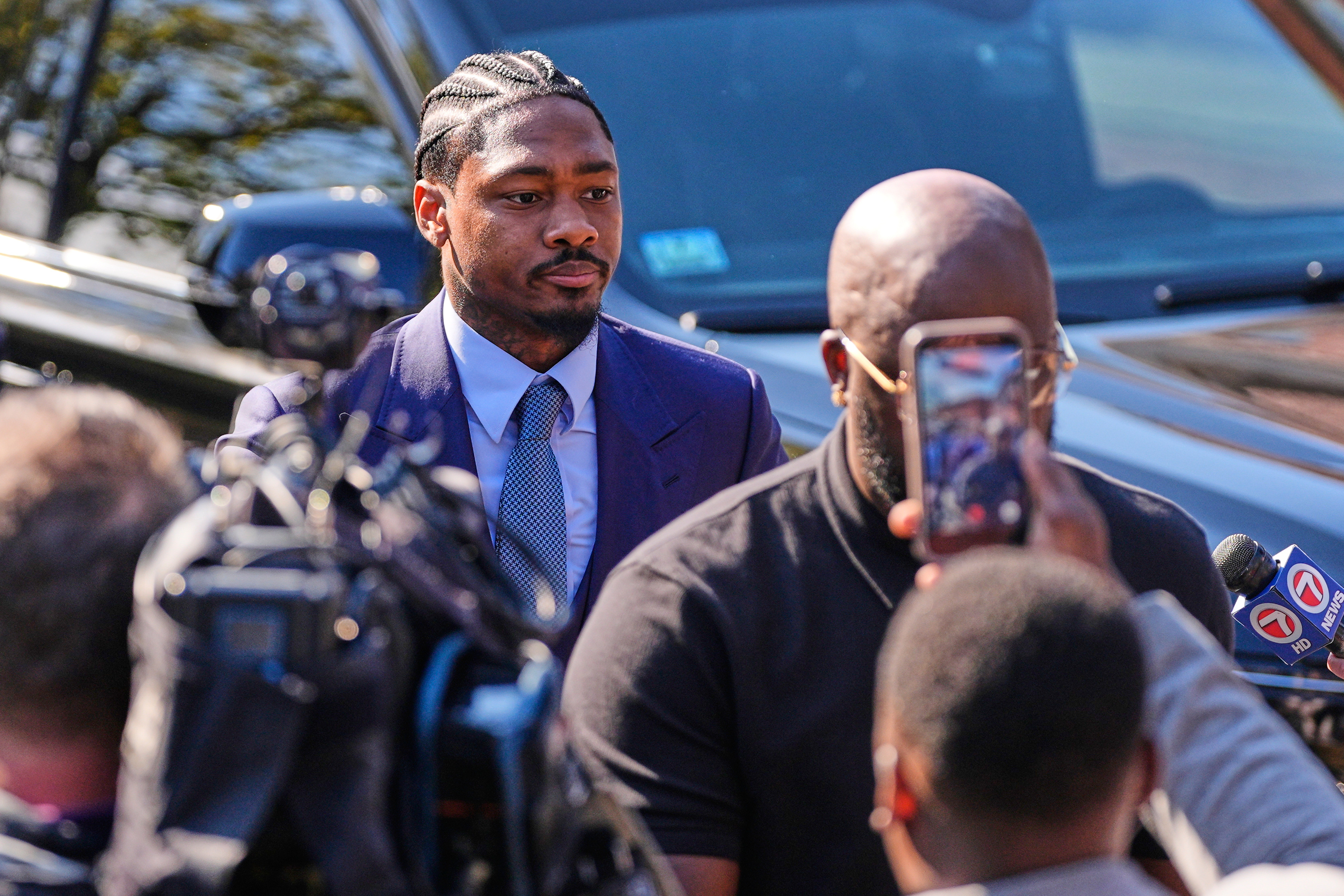 FILE - Former New England Patriots wide receiver Stefon Diggs arrives at Norfolk County District Court, May 4, 2026, in Dedham, Mass. 