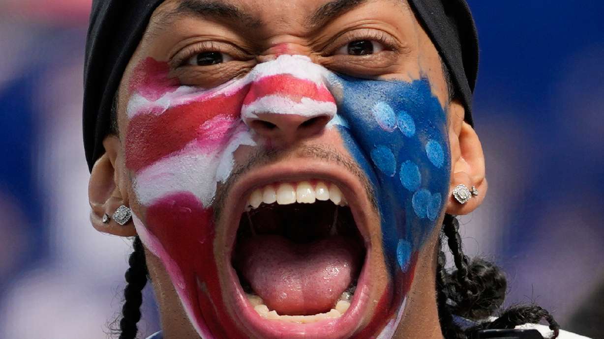 A United States fan cheers prior to the World Cup Group D soccer match between the United States and Paraguay in Inglewood, Calif., near Los Angeles, Friday, June 12, 2026.