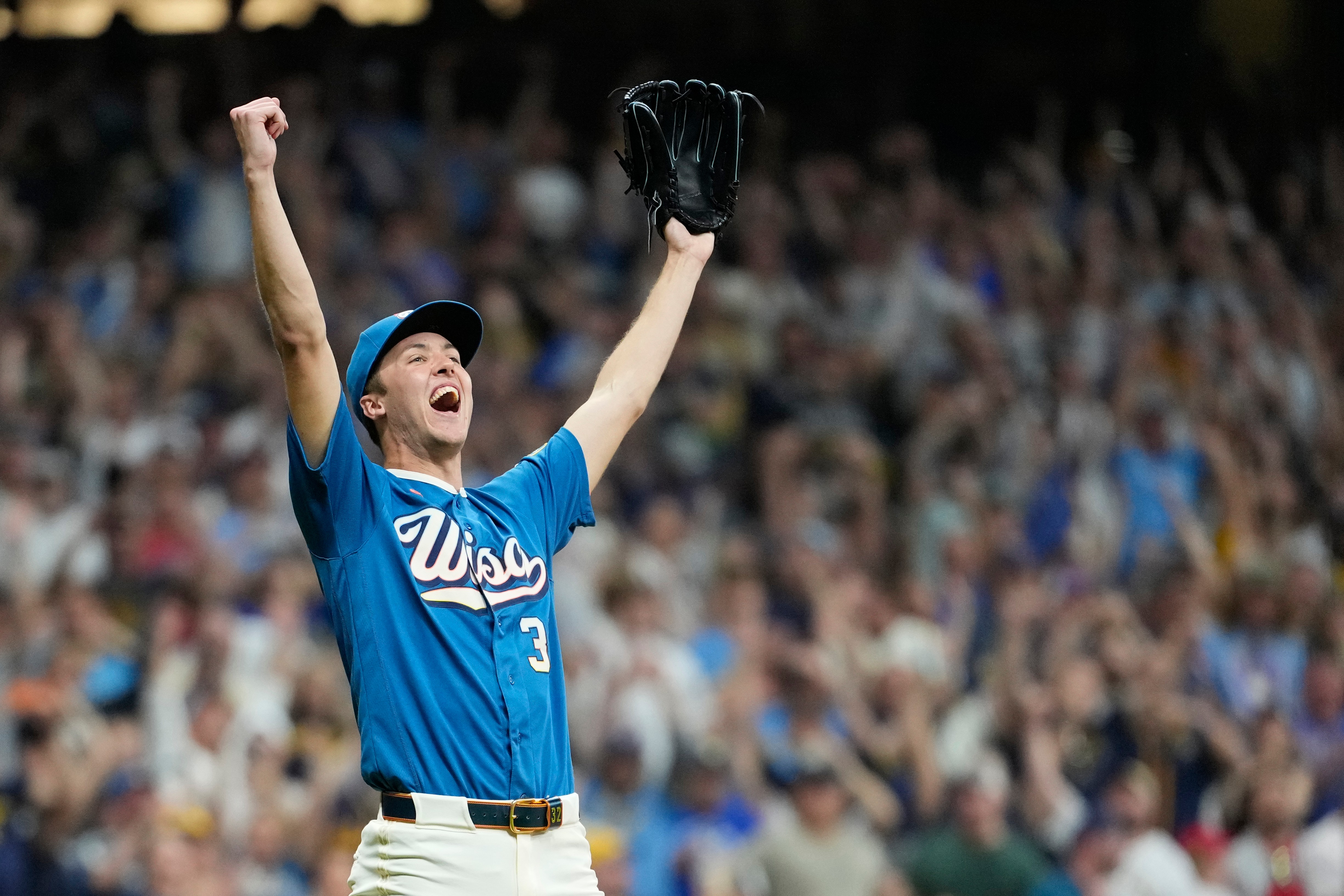 Milwaukee Brewers' Jacob Misiorowski reacts after recording the final out during the ninth inning of a baseball game against the Philadelphia Phillies, Friday, June 12, 2026, in Milwaukee. 