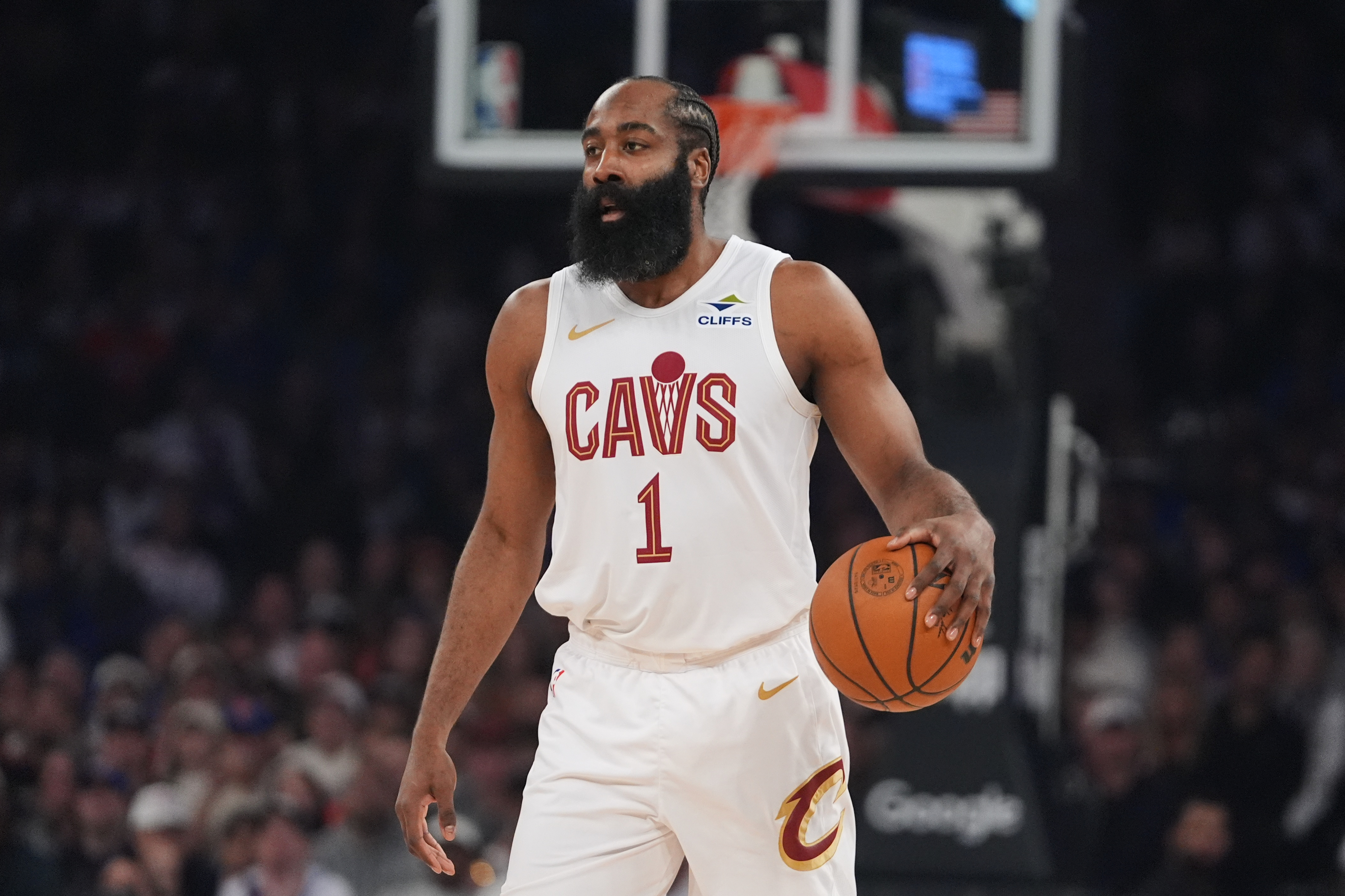 FILE - Cleveland Cavaliers' James Harden during the first half of Game 2 in the Eastern Conference finals NBA basketball playoffs series against the New York Knicks, May 21, 2026, in New York.
